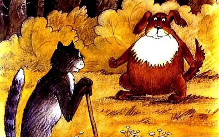 Ilustrație cu un motan care oferă sfaturi unui câine despre cum să surprindă un cal din spate.