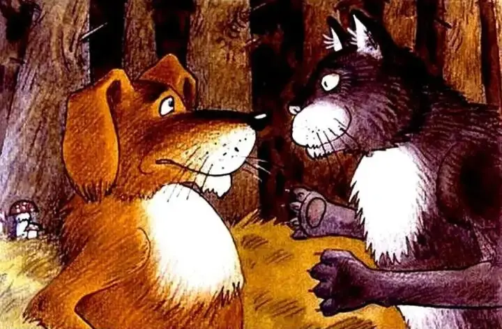 Ilustrație cu un câine și un lup într-o pădure, acompaniată de un text descriptiv.