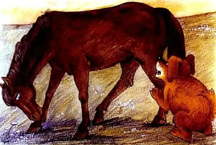 Ilustrație cu un cal și un câine care vorbește încet. Text explicativ despre interacțiunea dintre cele două animale.