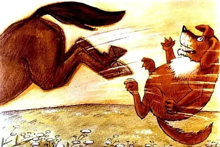 Ilustrație cu un cal și un câine, descriind o situație în care calul se sperie, iar câinele este izbit și zboară.