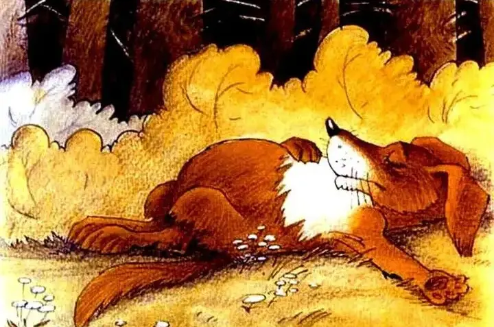 Un câine zăcând pe pământ, înconjurat de vegetație, cu un text descriptiv în partea de jos.