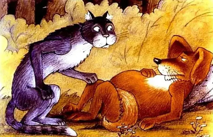 Ilustrație cu un câine și un motan, unde câinele îi oferă motanului sfaturi despre vânătoare.