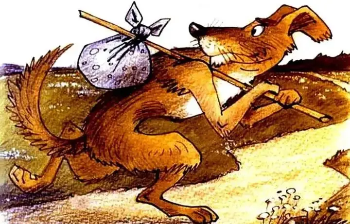 Ilustrație cu un câine care pleacă într-o aventură cu o bentiță și o bocceluță.