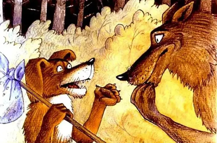 Ilustrație cu un câine și un lup într-o pădure, câinele exprimându-și nemulțumirea față de stăpânul său.