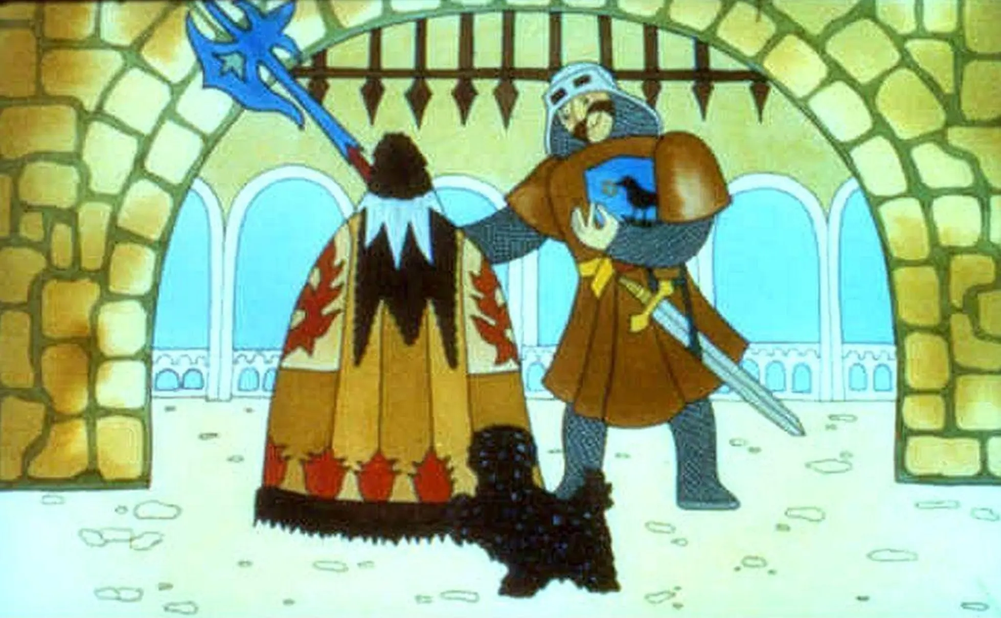 Imagine animată cu un cavaler în armură holding un simbol și un personaj misterios acoperit, într-un decor medieval.