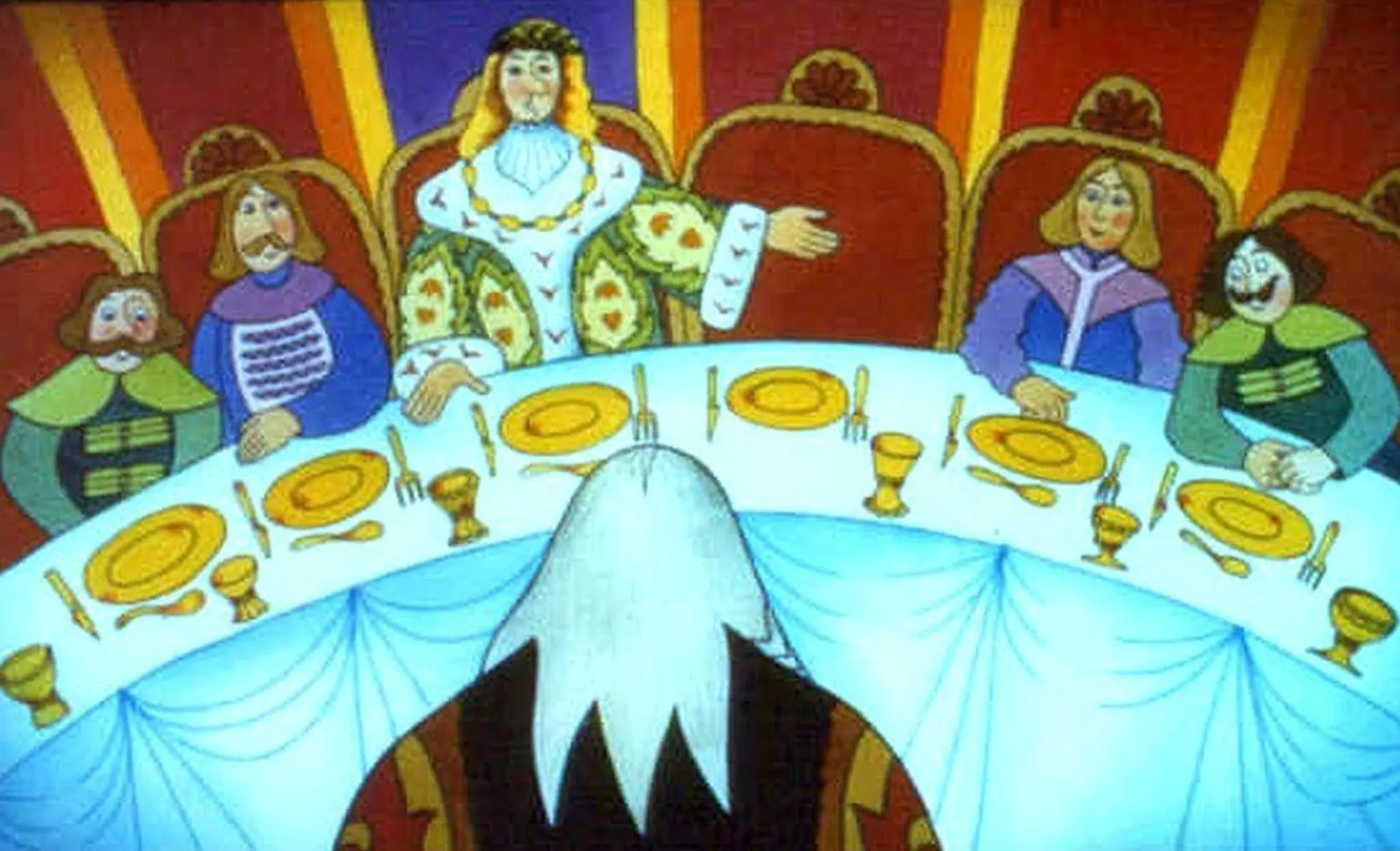 O scenă animată cu un rege și alți nobili așezați la o masă mare, cu farfurii și cupe pe masă, în jurul unui decor colorat.