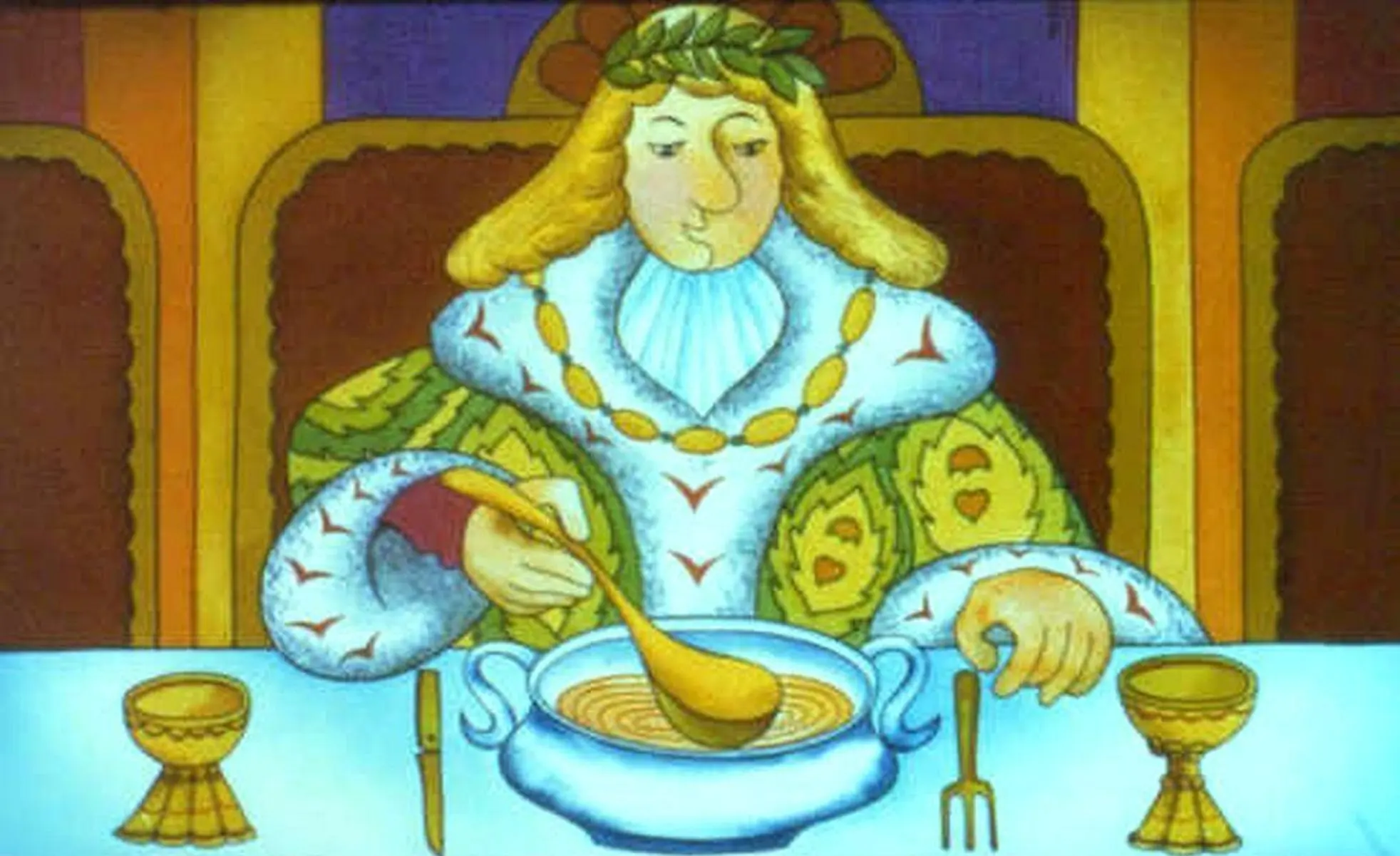 Ilustrație animată a unui rege la o masă, savurând o supă dintr-un bol.