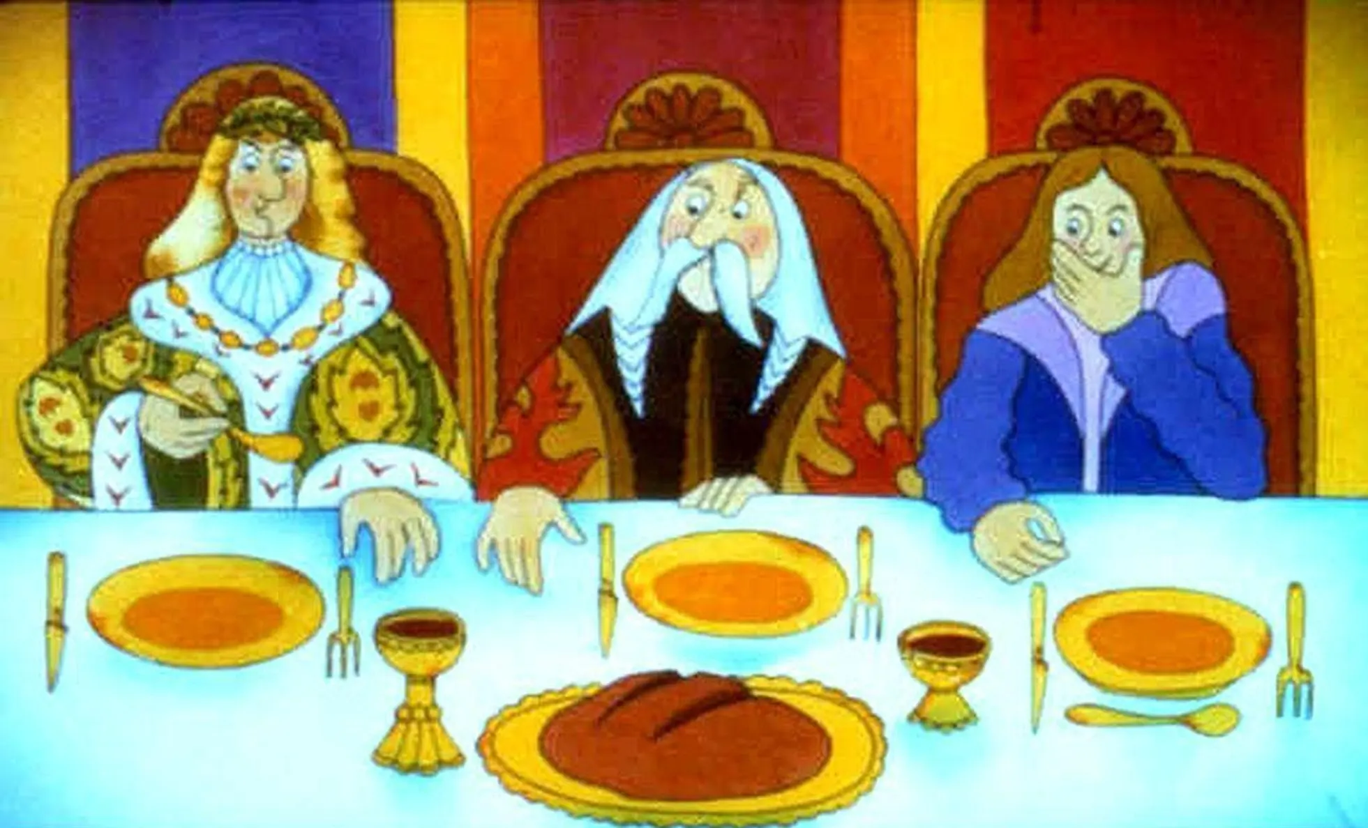 O scenă animată cu trei personaje așezate la o masă, fiecare având expresii diferite; masa este aranjată cu farfurii goale, un bol și o farfurie cu mâncare.