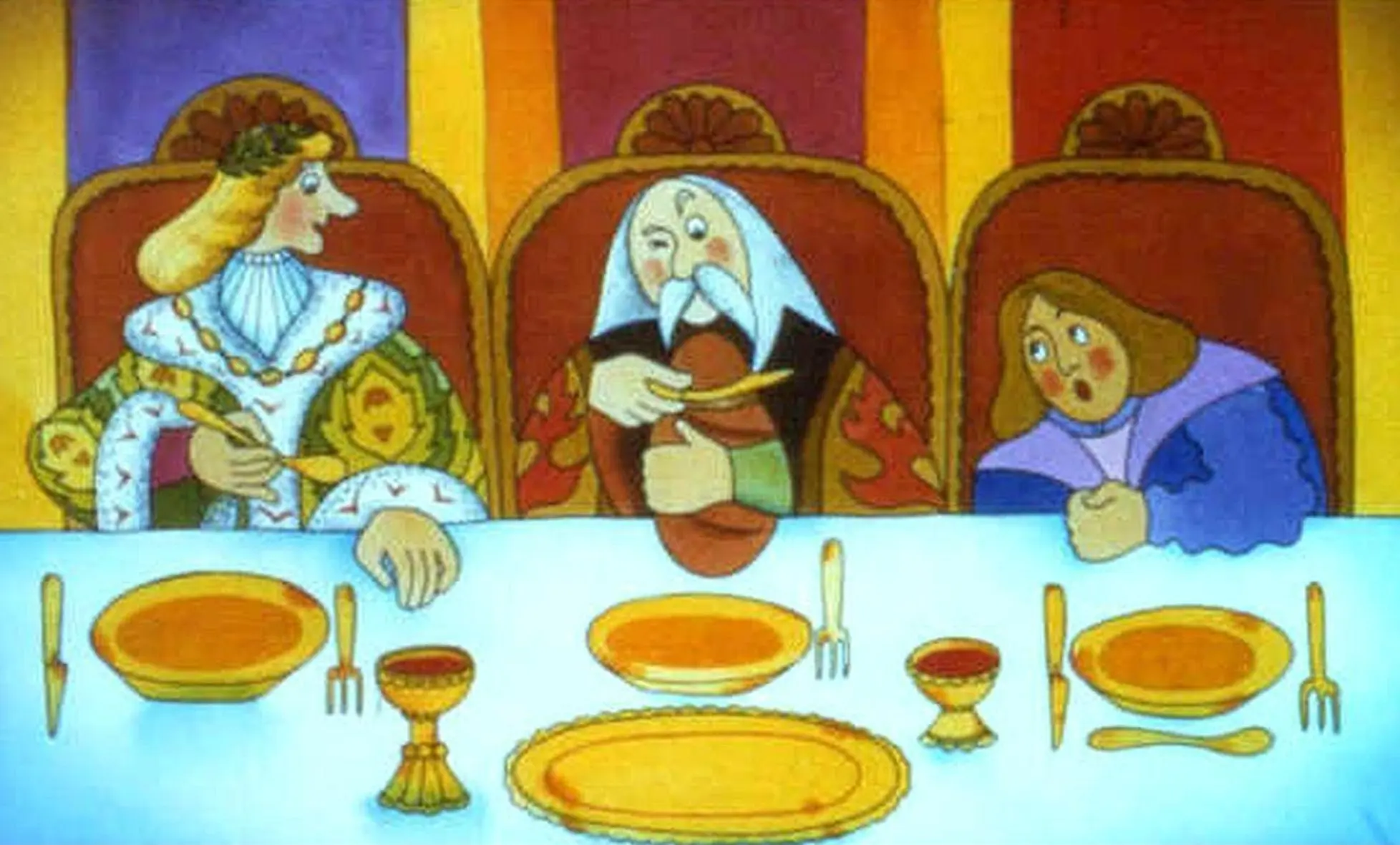 Trei personaje stilizate la o masă de sărbătoare, cu farfurii și tacâmuri, într-o atmosferă de veselie.