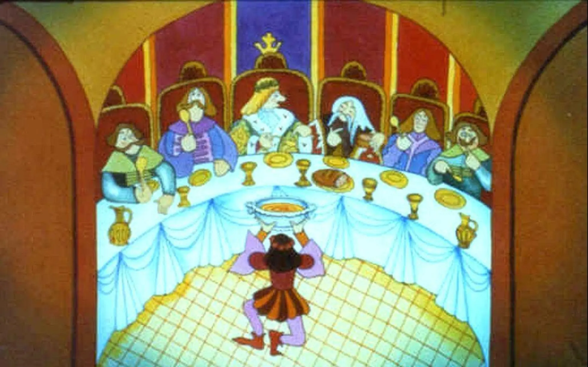 O scenă animată cu un personaj care serveste o masă regală, înconjurat de nobili la o masă plină cu mâncare.