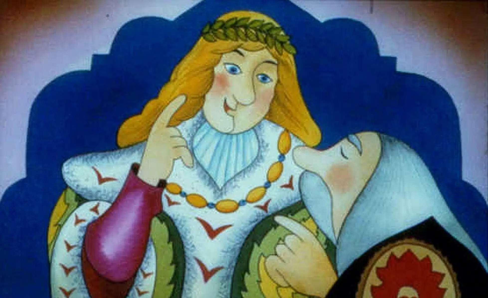 Ilustrație animată cu două personaje, unul cu o coroană de lauri, îmbrăcat în haine strălucitoare, iar celălalt, o femeie mai în vârstă, discutând într-un cadru colorat.