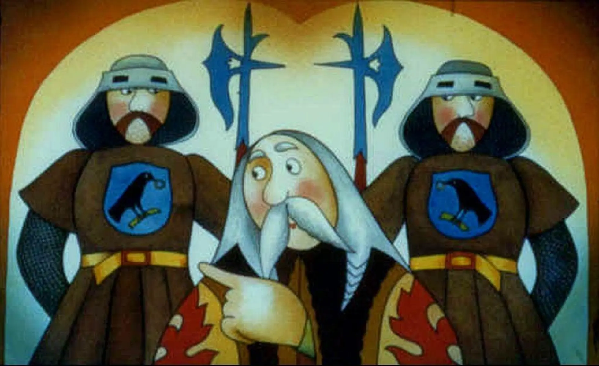 Ilustrație animată cu un magician și doi războinici, fiecare purtând costume medievale, având haine cu embleme distincte.