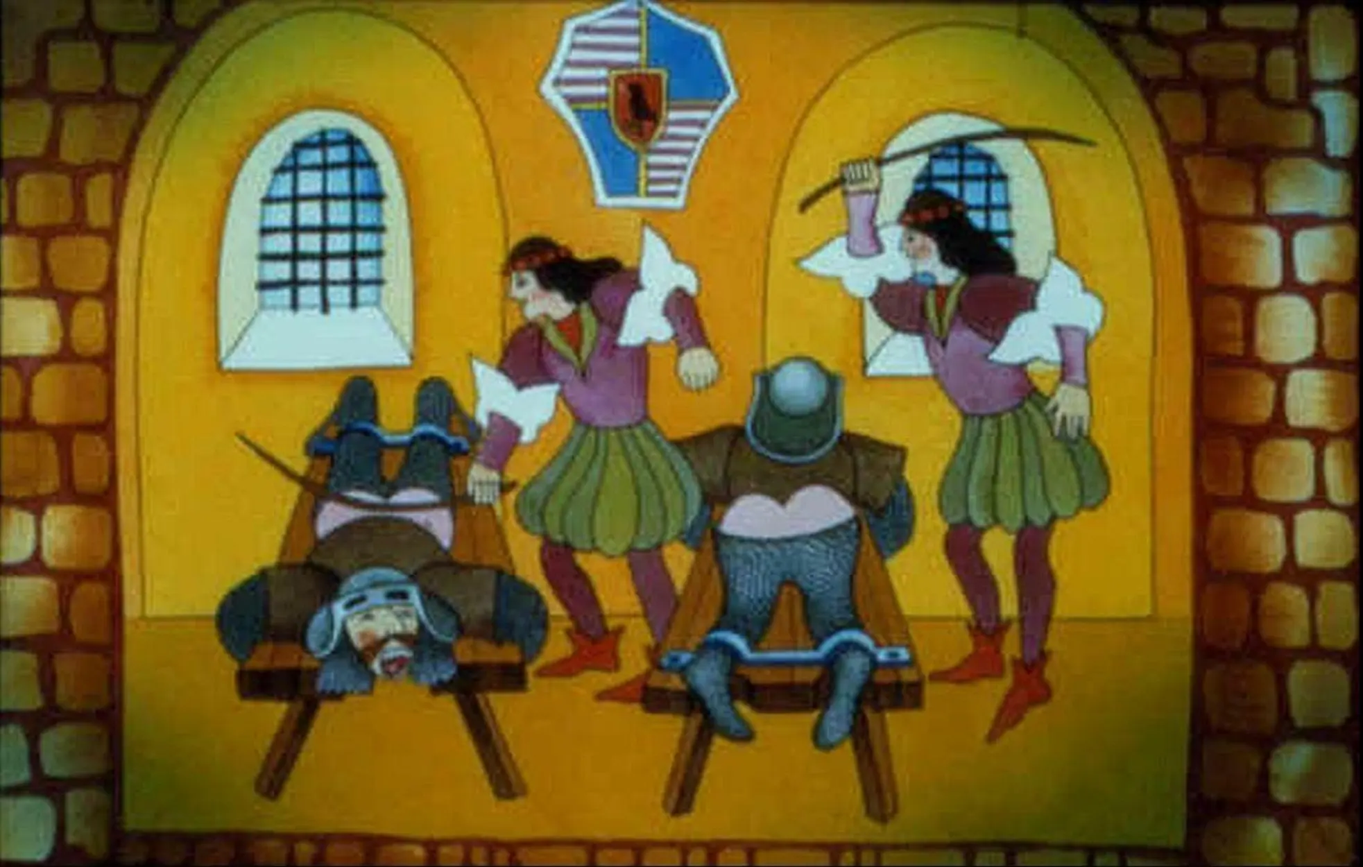 Ilustrație colorată cu personaje medievale într-un cadru de închisoare, unii oameni fiind torturați, având expresii de suferință.