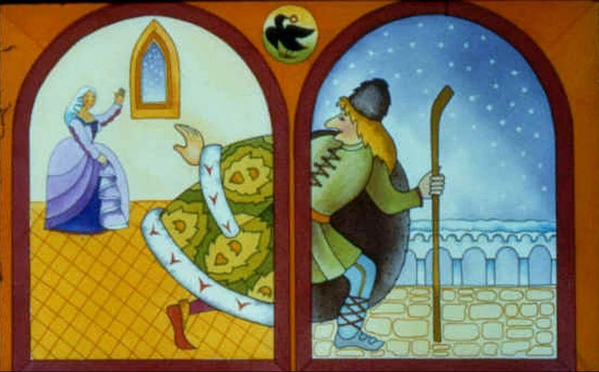 O ilustrație colorată cu două scene: pe o parte o femeie în rochie elegantă care salută, iar pe cealaltă parte un bărbat îmbrăcat în haine de iarnă, ținând un băţ, în fața unui peisaj de iarnă.