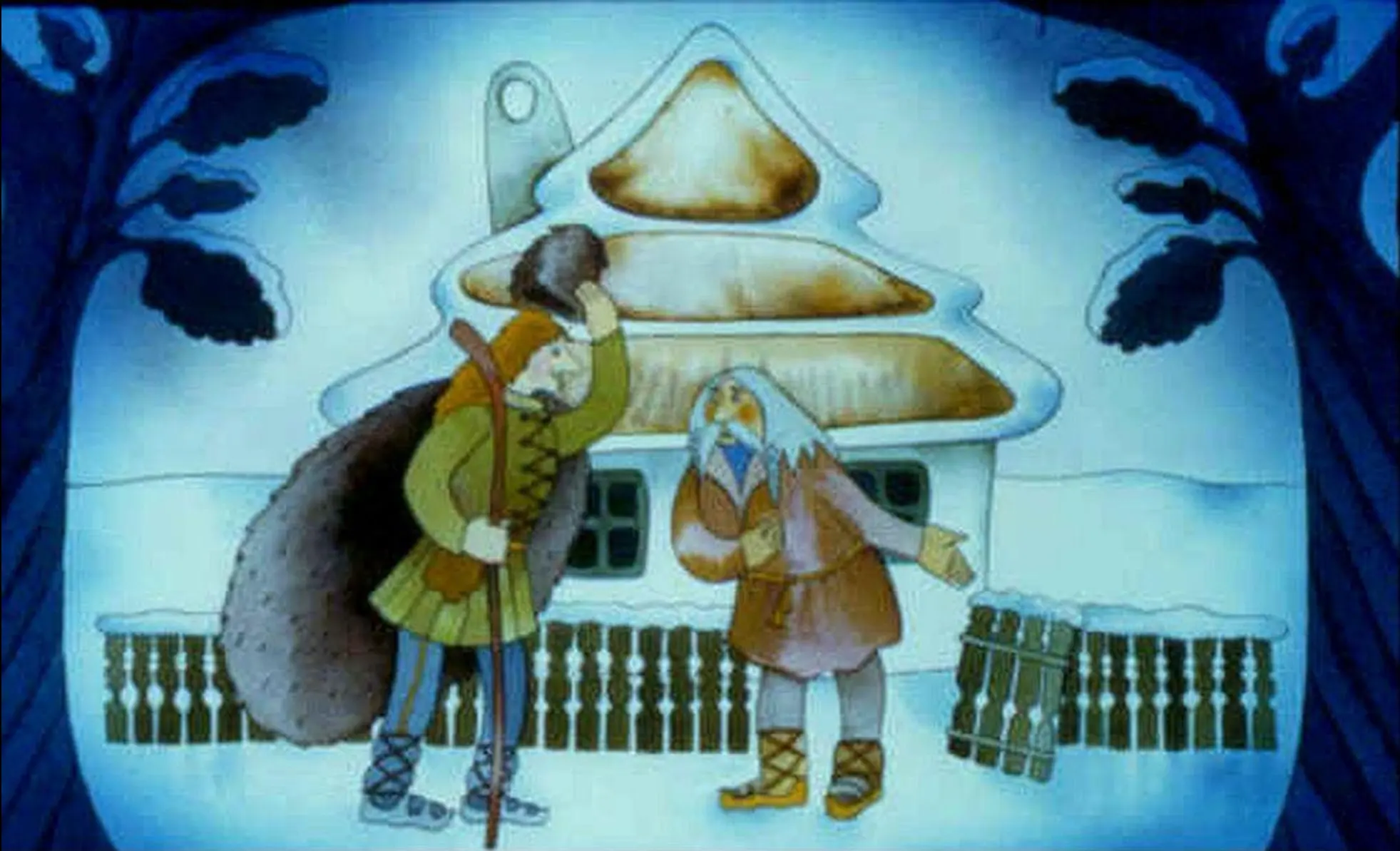 Imagine animată cu doi personaje în fața unei case acoperite cu zăpadă, unul poartă o pungă mare, iar celălalt are o barbă și se apleacă ușor.