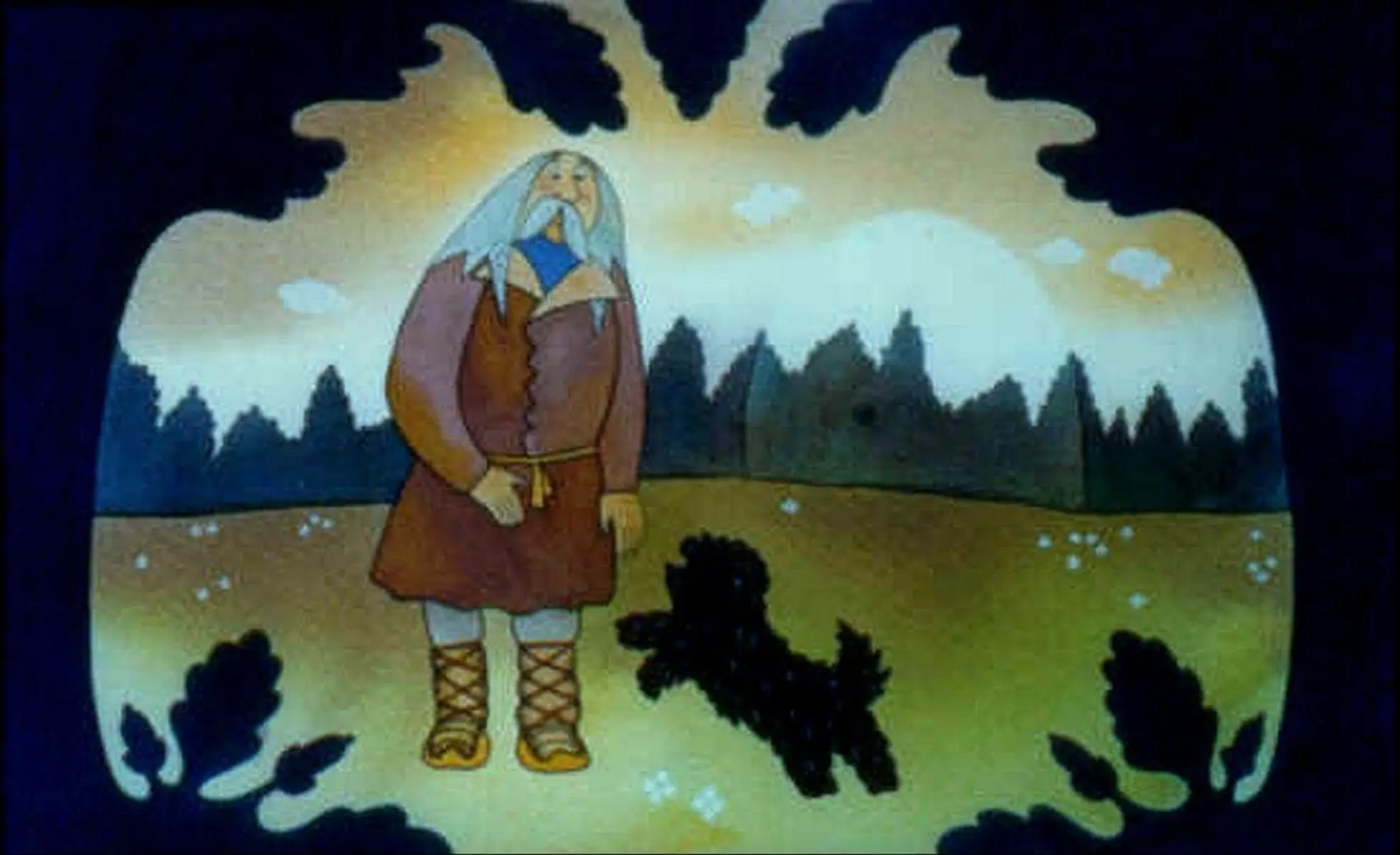 Ilustrație animată cu un bărbat în haine tradiționale stând pe o pajiște, înconjurat de un peisaj natural și un câine negru.