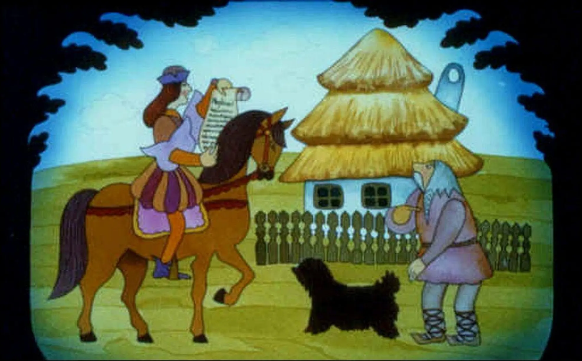 Ilustrație animată cu o persoană călare pe un cal, ținând o listă, și o altă persoană lângă o casă cu acoperiș de stuf, acompaniată de un câine.