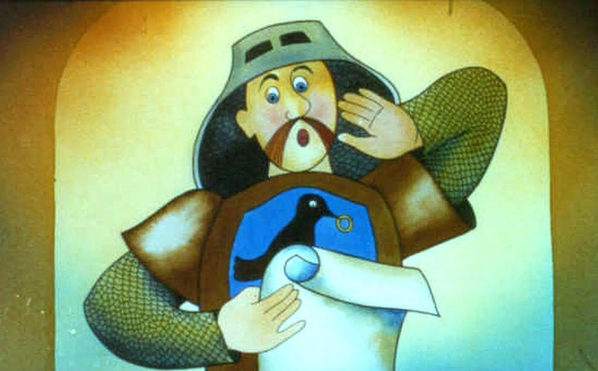 O ilustrație animată a unui bărbat îmbrăcat în armură, cu un coif, care ține o pânză albă în mâini și are un expresie surprinsă pe față.