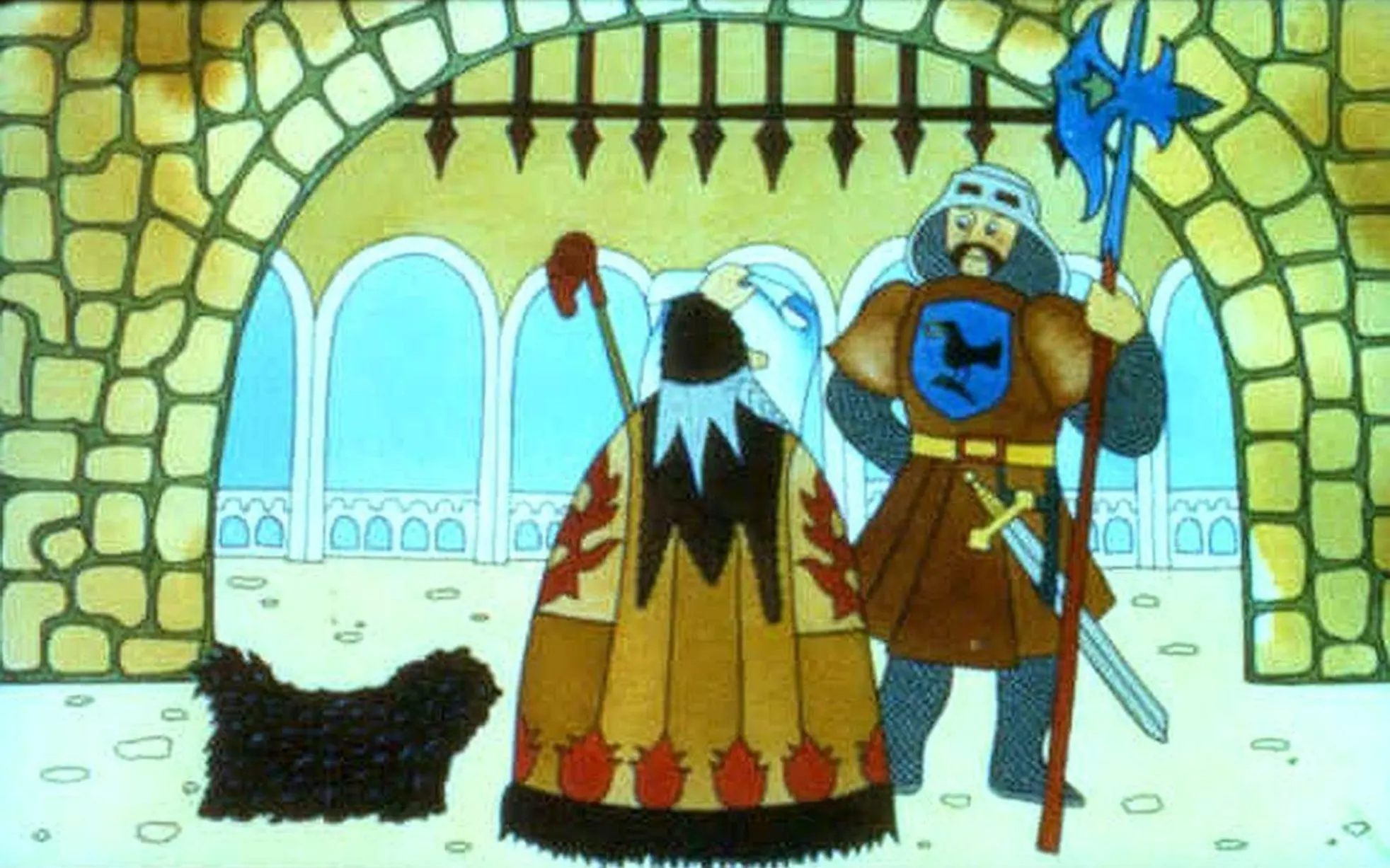 Ilustrație animată cu un rege și un cavaler într-un castel, cu un câine de partea stângă.