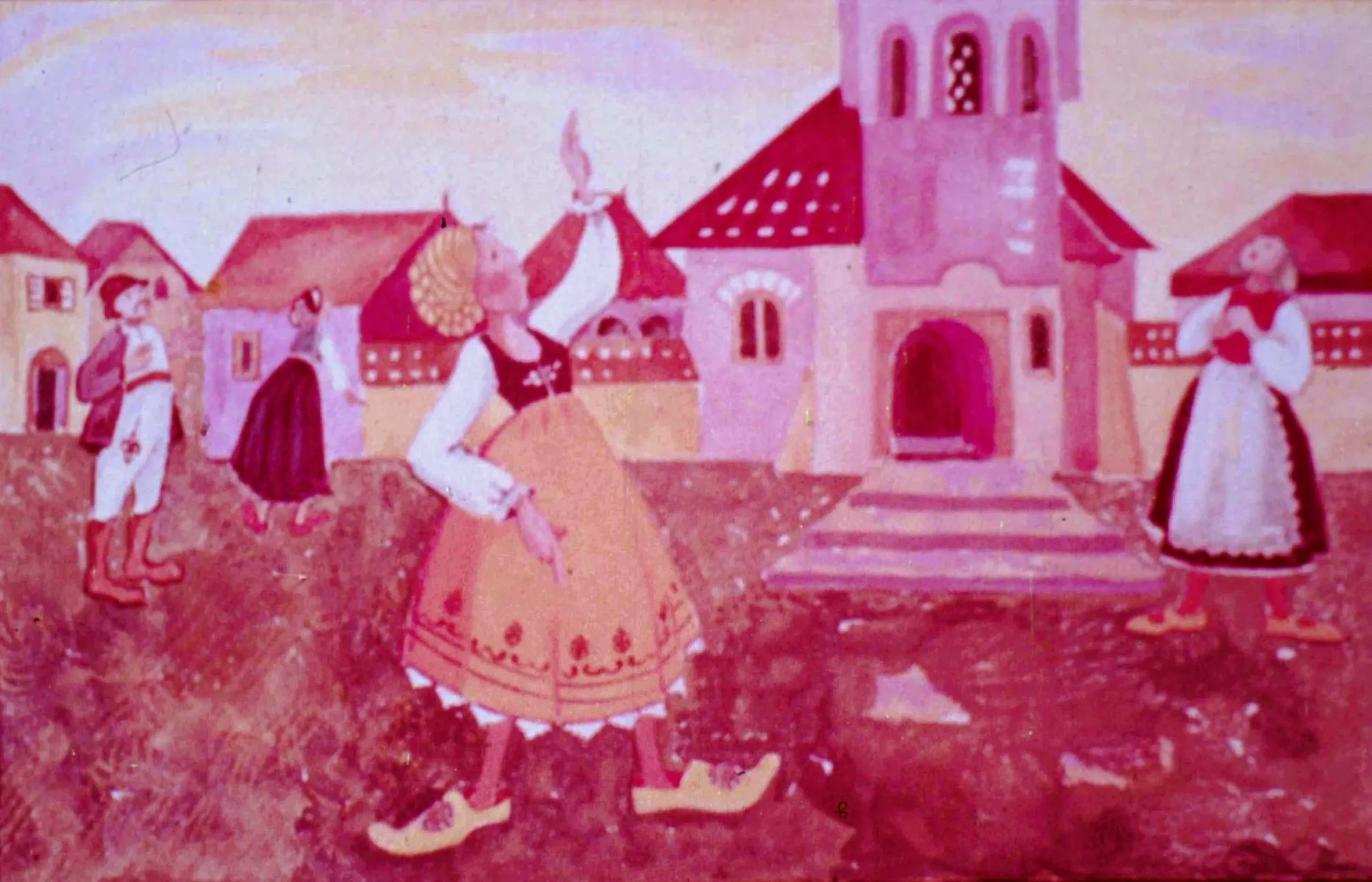 O scenă pictată cu oameni în costume tradiționale, reprezentând o poveste sau un basm popular.