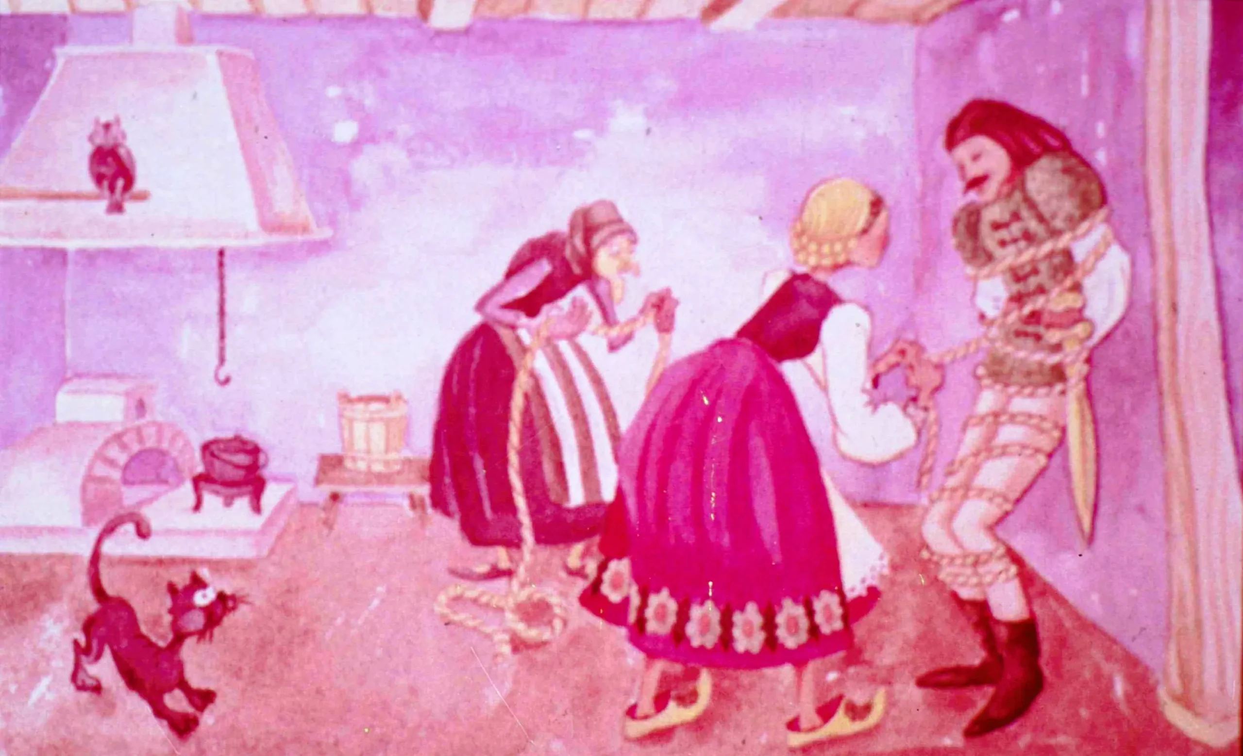 Ilustrație dintr-o poveste, cu o bătrână furioasă, o fată, un fecior de împărat legat și un câine.