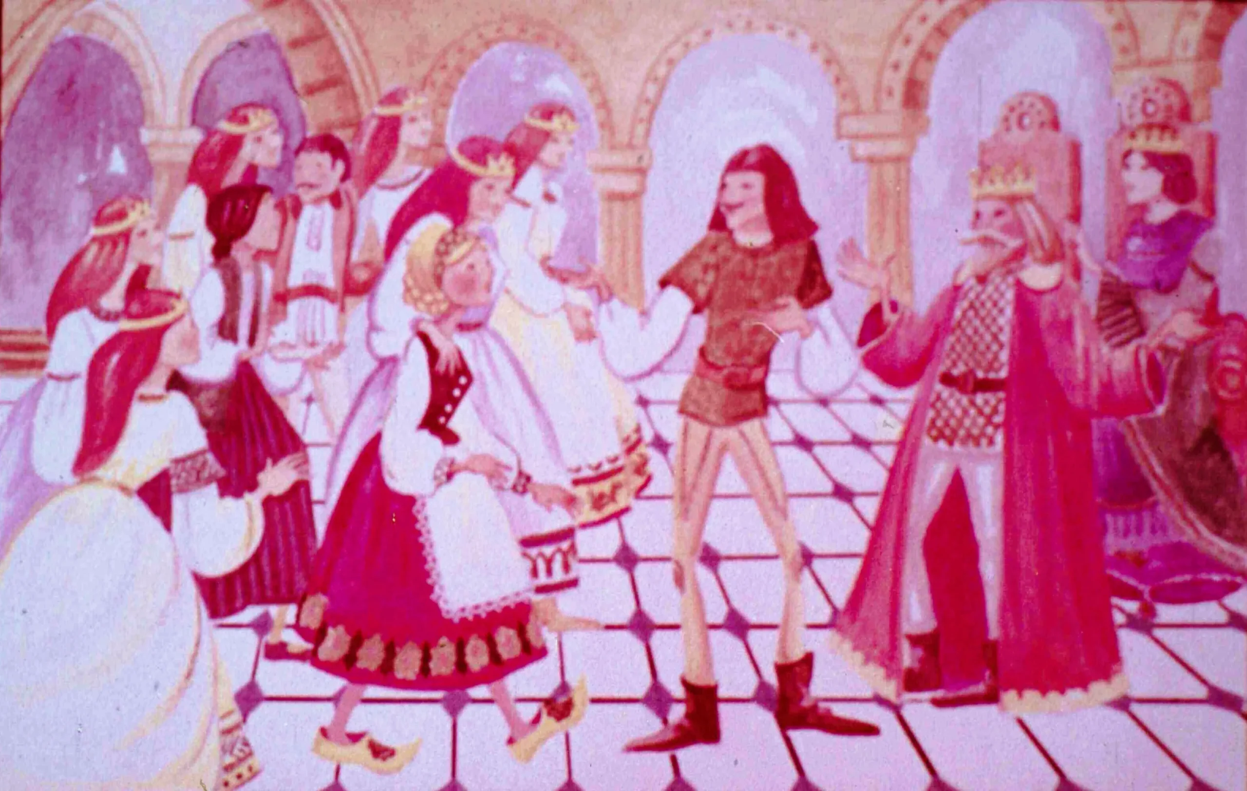 Ilustrație de poveste cu oameni în costume tradiționale, într-un cadru festiv.