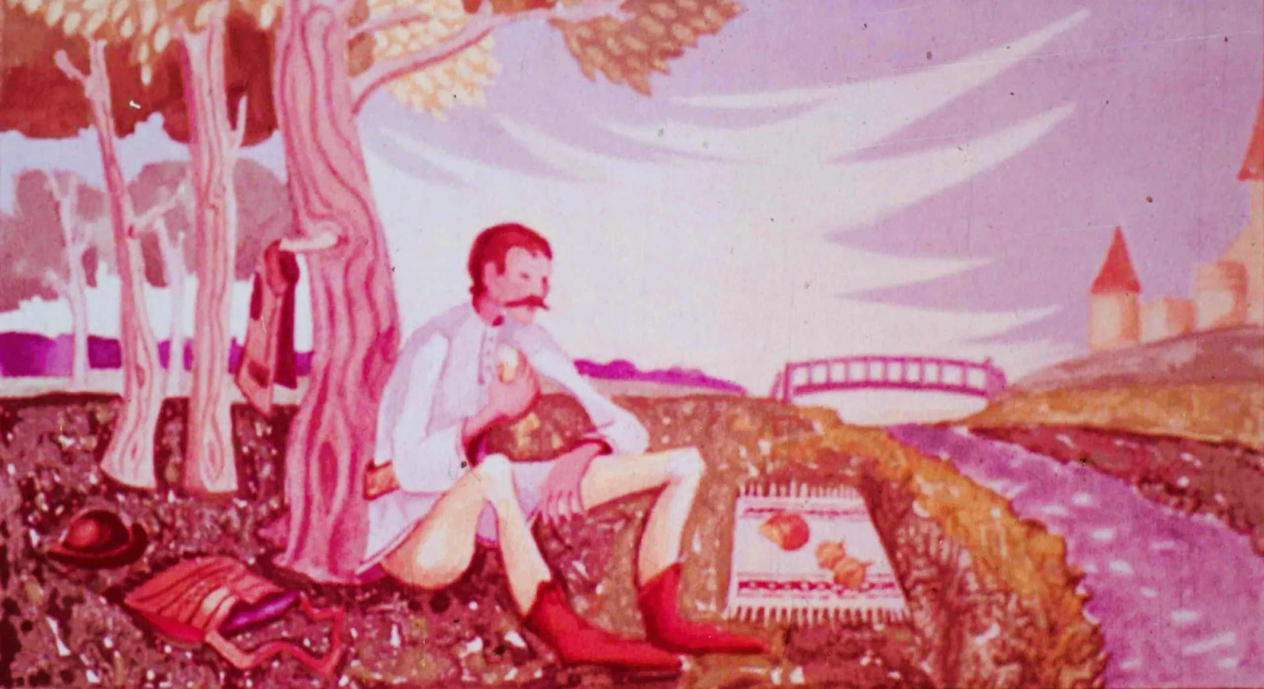 Ilustrație cu un bărbat așezat sub un copac, gânditor, lângă un râu, având alături diverse obiecte tradiționale.