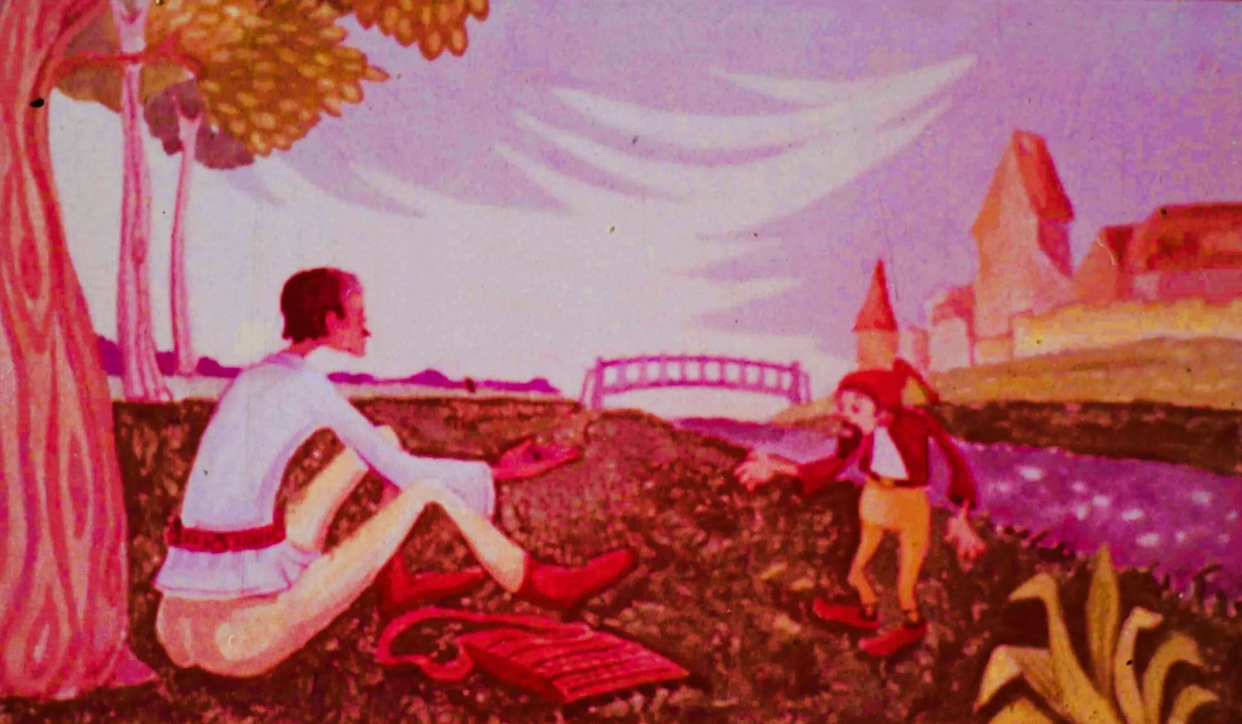 Ilustrație cu un pitic și un bărbat care discută într-un peisaj natural.