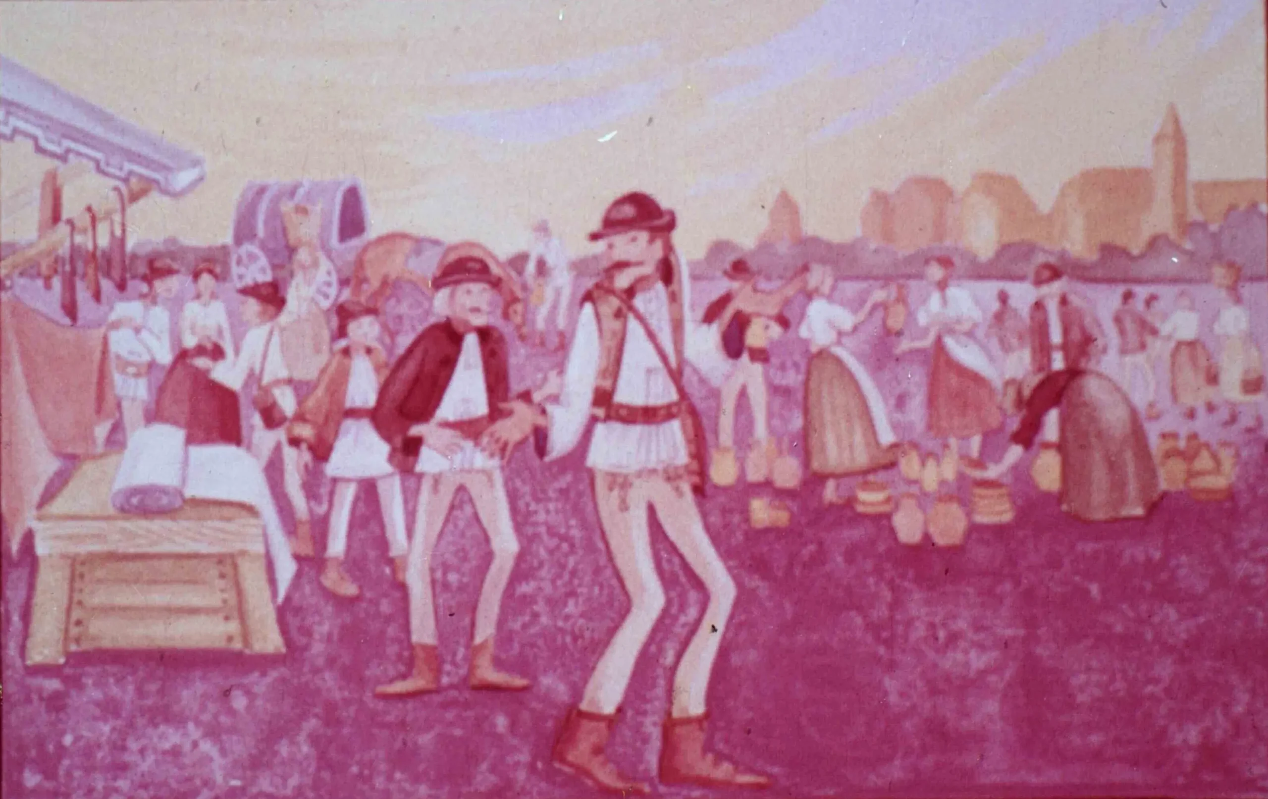 Imagine artistică reprezentând o piață animată, cu personaje în costume tradiționale, iar un bărbat în centrul imaginii interacționează cu alții.