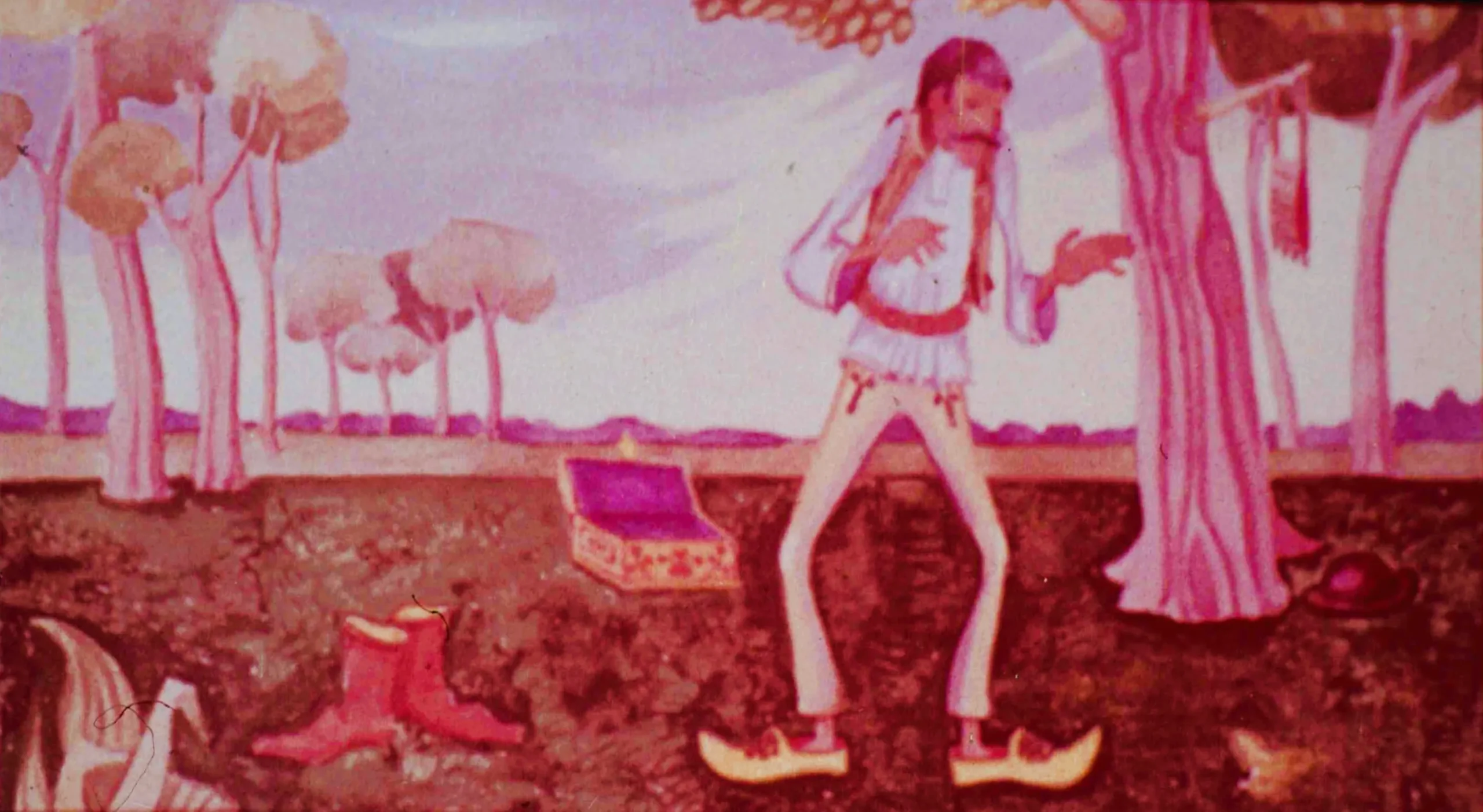 Ilustrație cu un bărbat curios care deschide o cutie din care ies conduri zburători, înconjurat de un peisaj cu copaci și un turn.