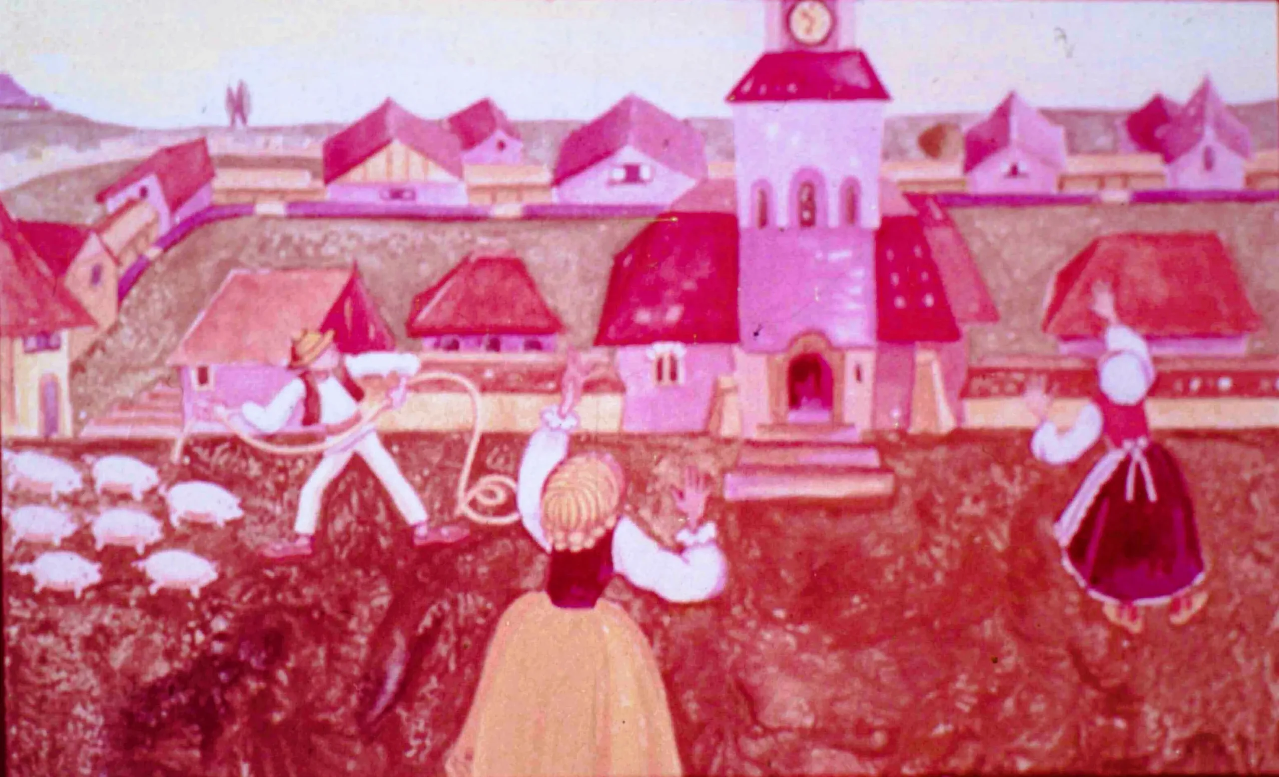 Ilustrație rurală cu un porcar, case și pompieri, surprinzând un moment din viața satului.