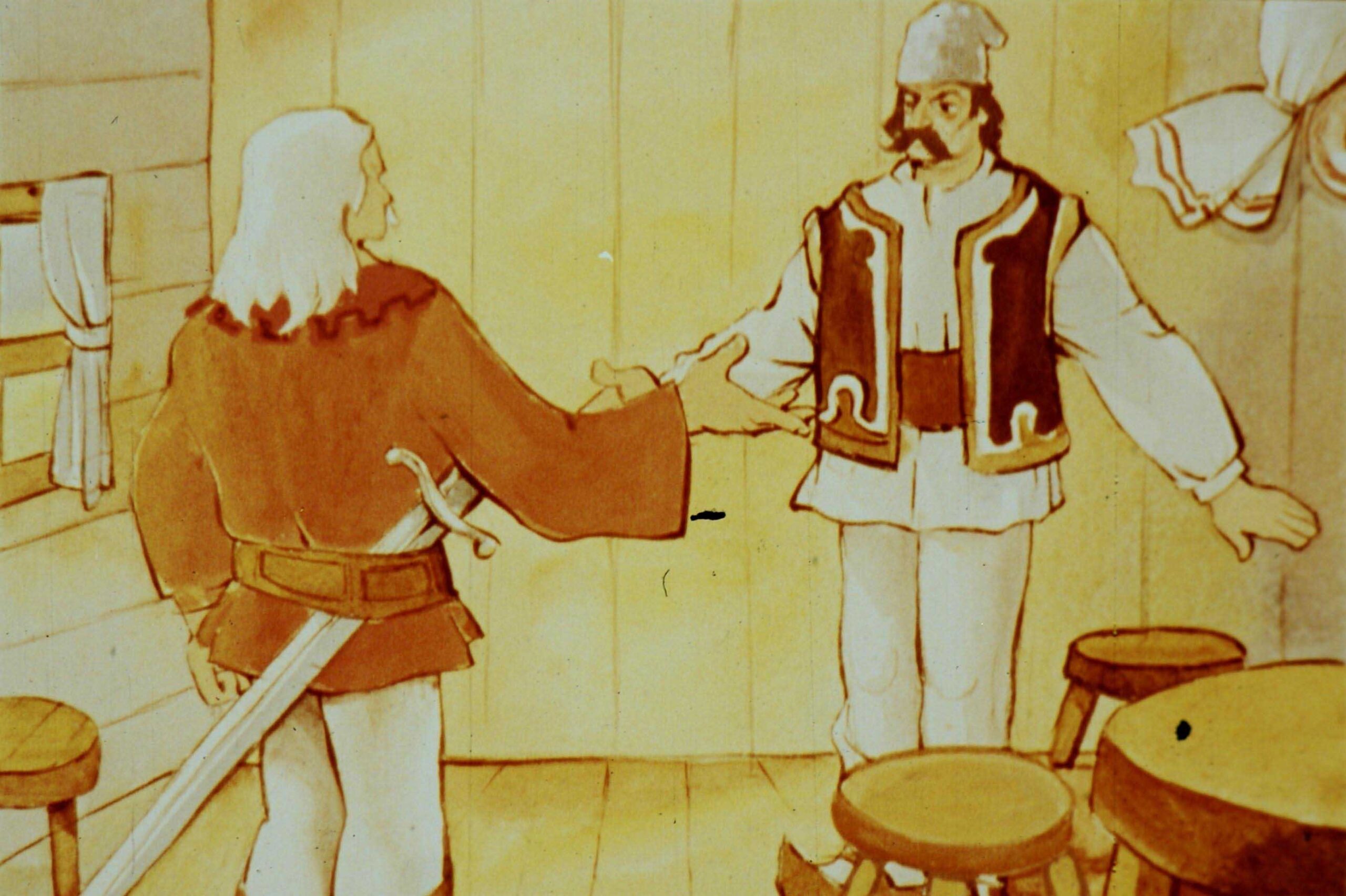 Textul descrie un personaj aspru și caracteristic într-o scenă ilustrată.