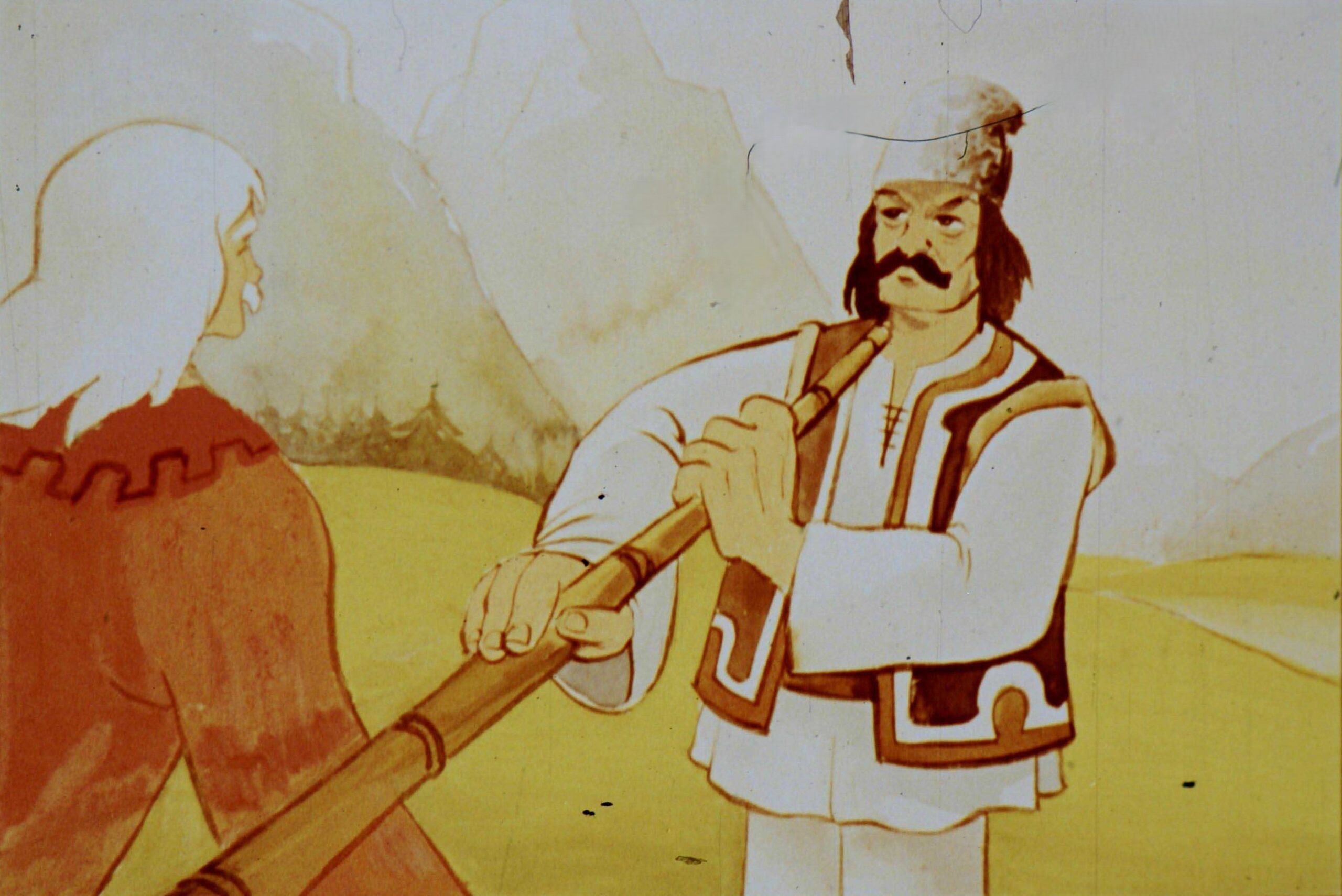 Un dialog ilustrat între doi bărbați, cu un peisaj de munte în fundal.