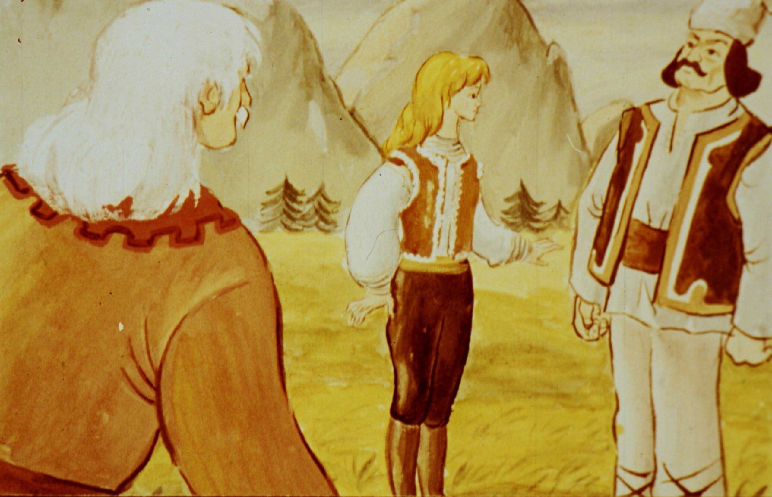 Ilustrație cu personaje în natură, discutând despre o misiune și având un dialog despre putere și protecție.