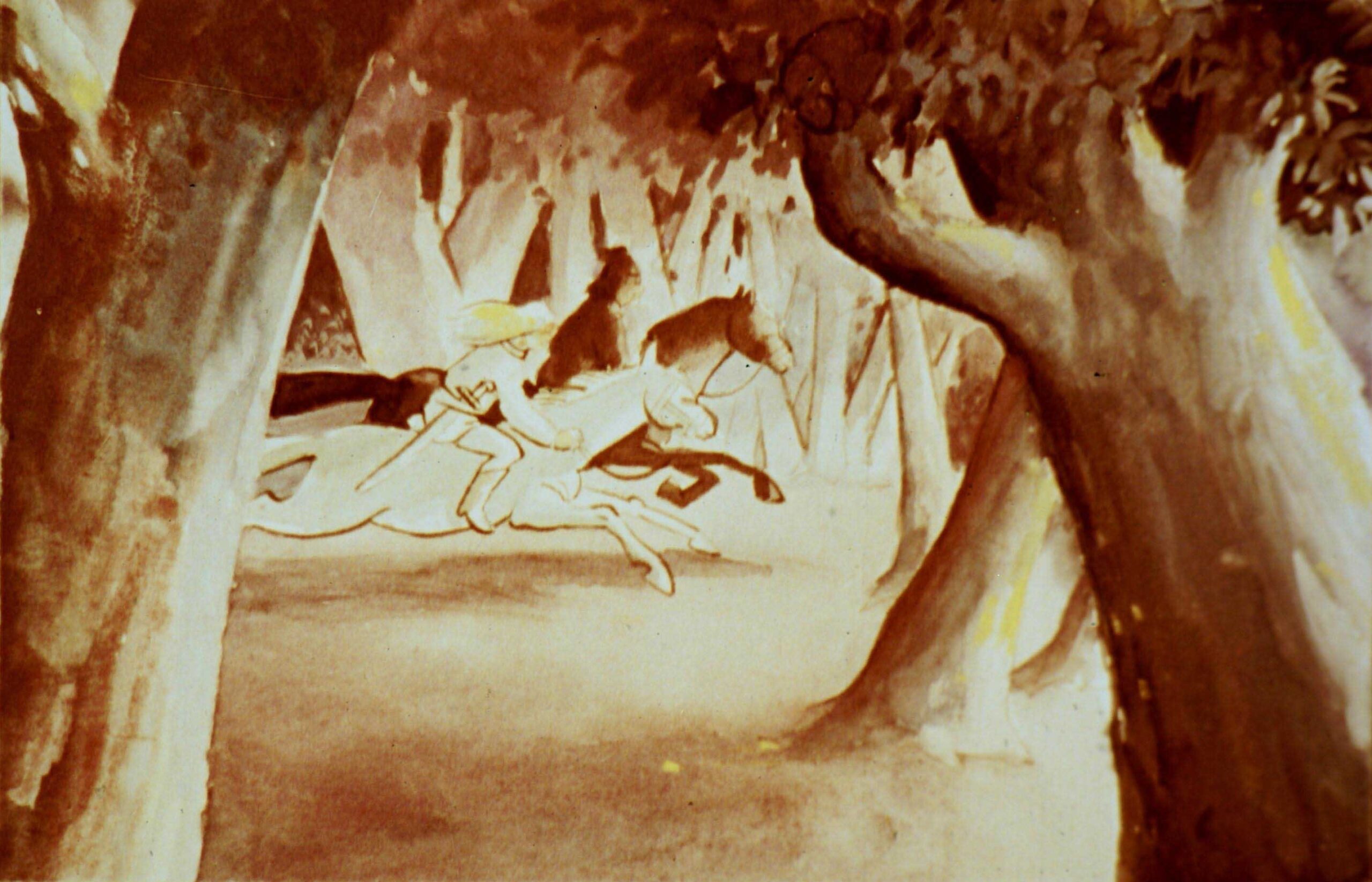 Imagine artistică de abia a unei persoane călare printr-o pădure, cu un text descriptiv în partea de jos.