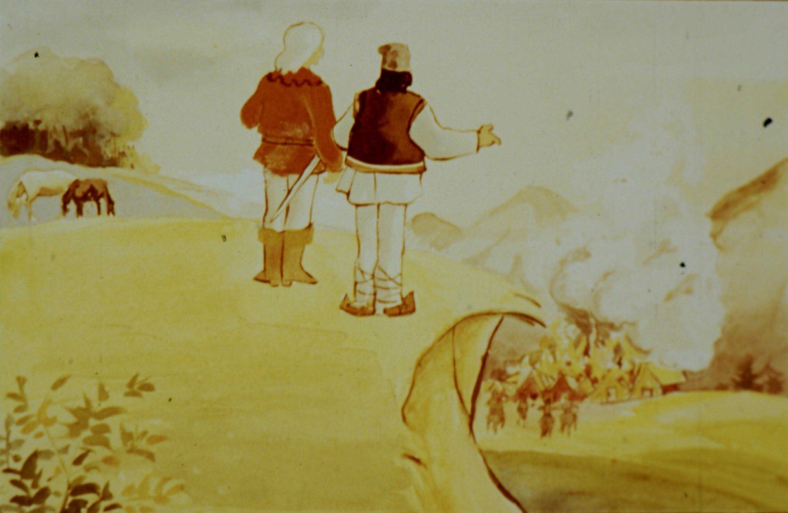 Ilustrație a călătorilor pe o culme, sub un cer palid, observând o scenă de pășunat, cu fundal de peisaj natural.