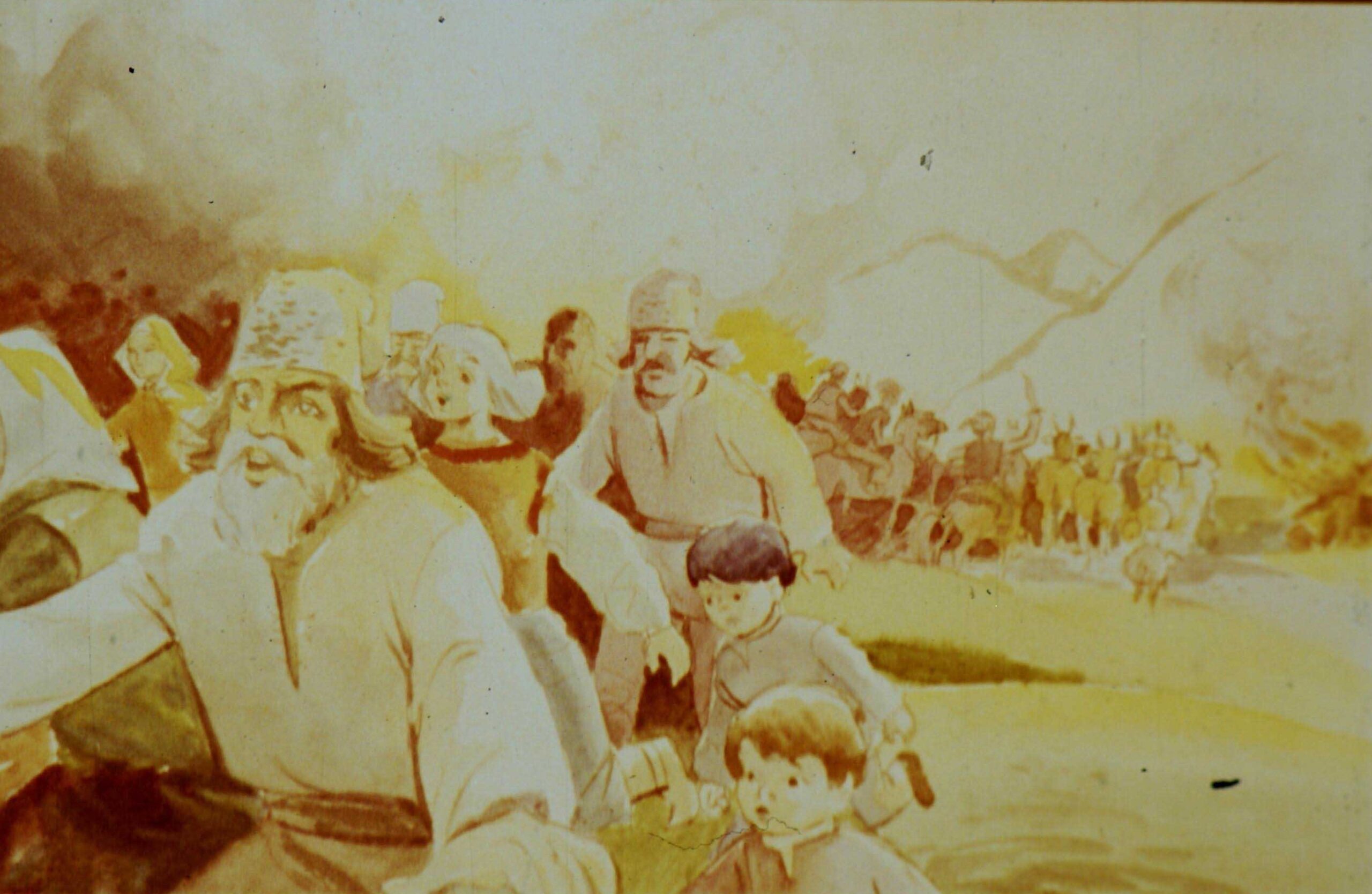 Imagine ilustrând o scenă de panică, cu personaje fugind printre umbre și fum, inclusiv copii și animale.