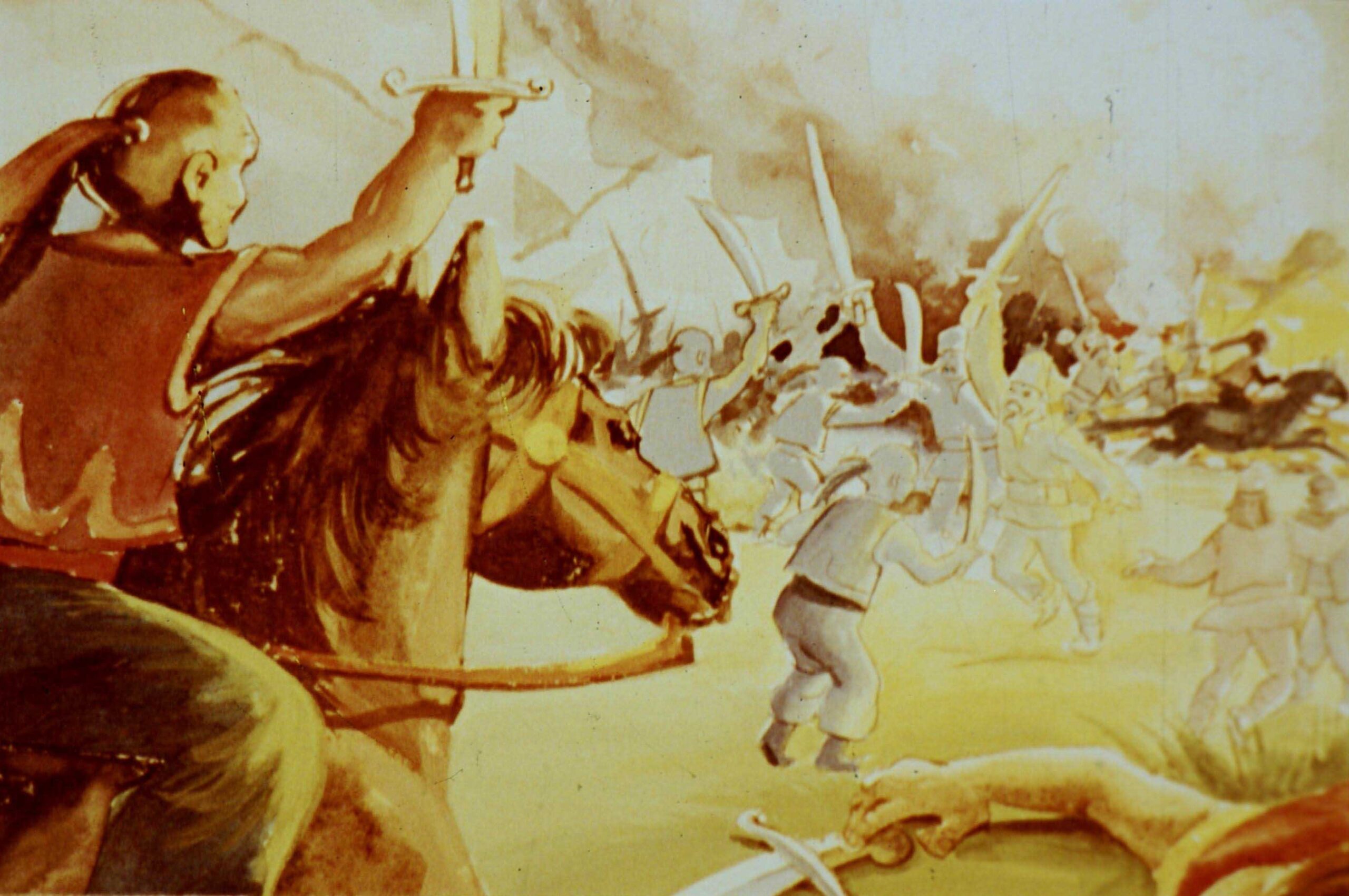 Imagine artistică reprezentând o bătălie tumultoasă, cu personaje în acțiune, pe fundalul unui peisaj dramatic.