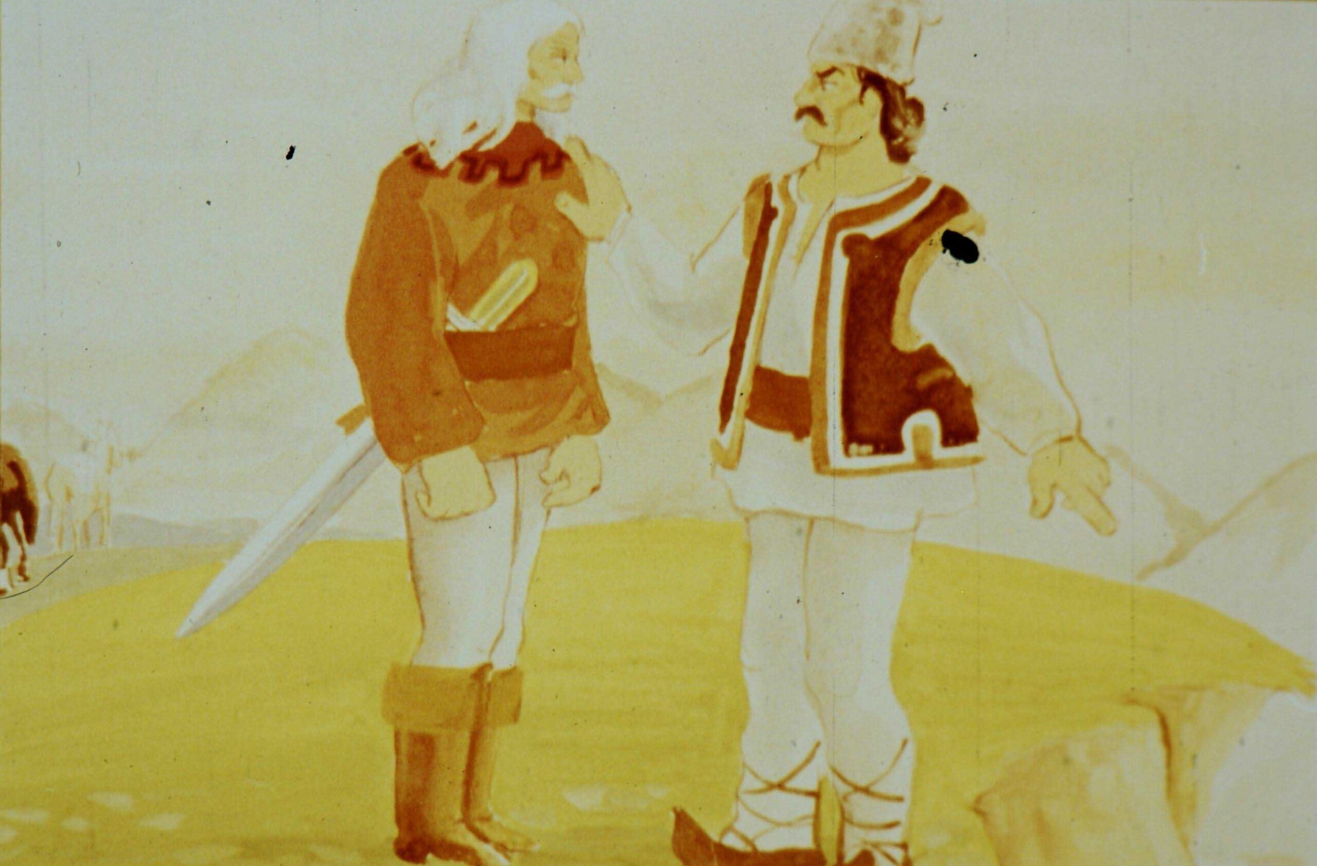 Ilustrație cu personaje care discută pe un fundal natural.