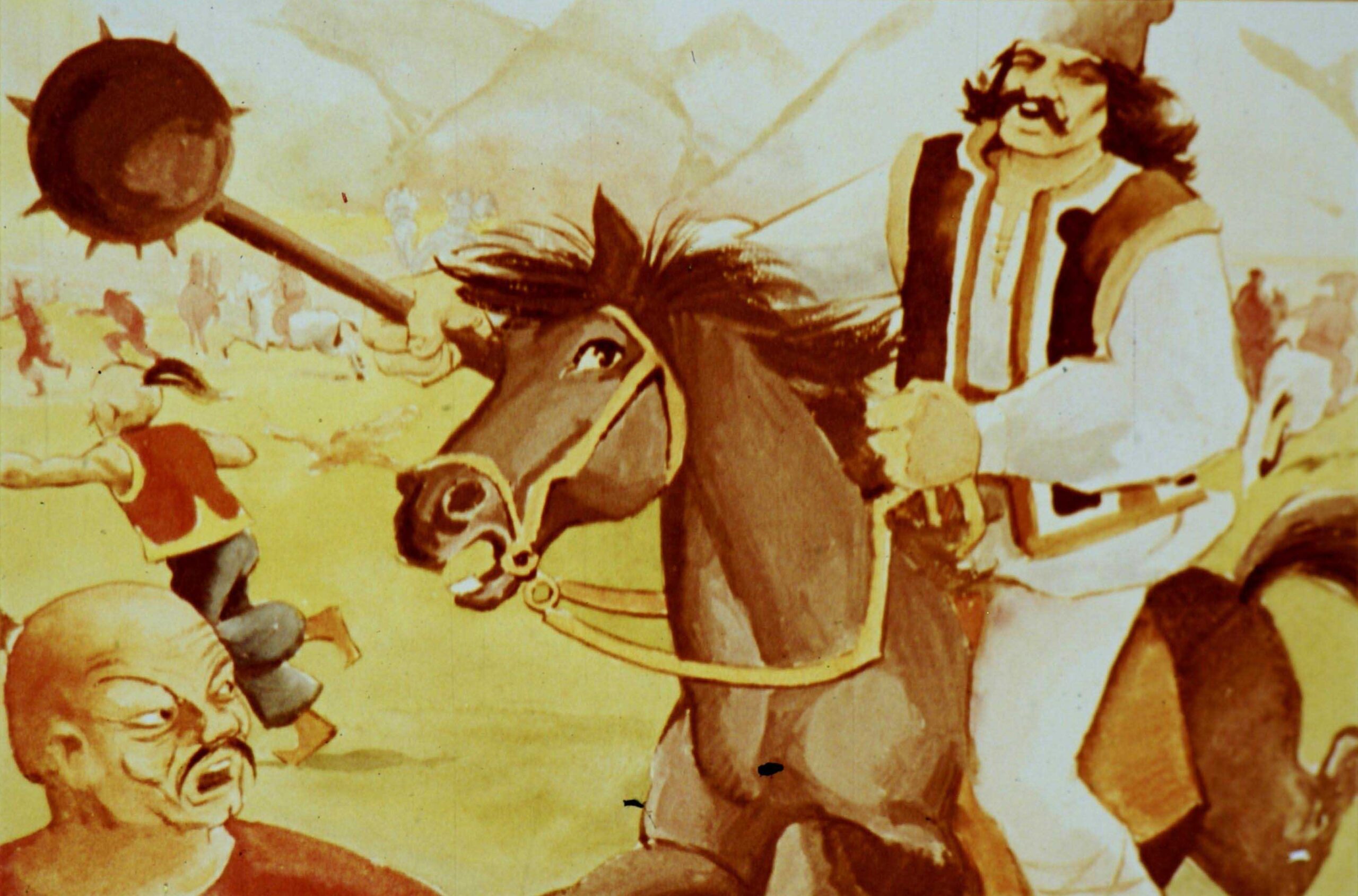 Imaginea ilustrează o scenă dintr-o luptă, cu un personaj călare și un altul pe jos, cu textul despre un urs care atacă.