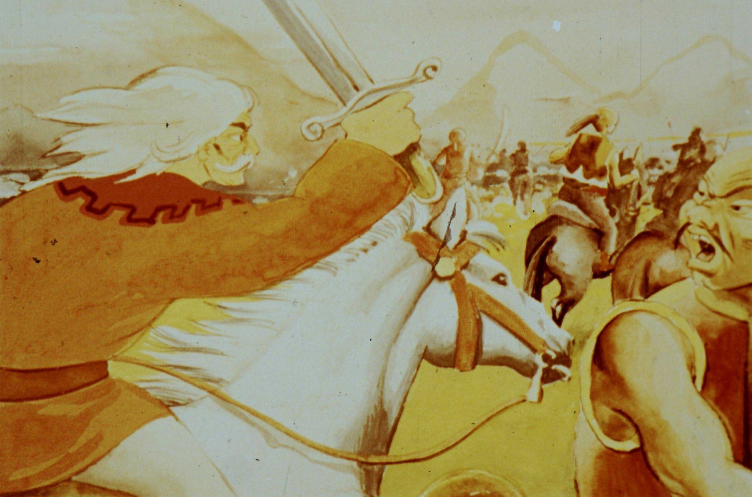 Ilustrație dramatică cu un erou pe cal, în mijlocul unei bătălii, îndreptându-se spre un apus simbolic.