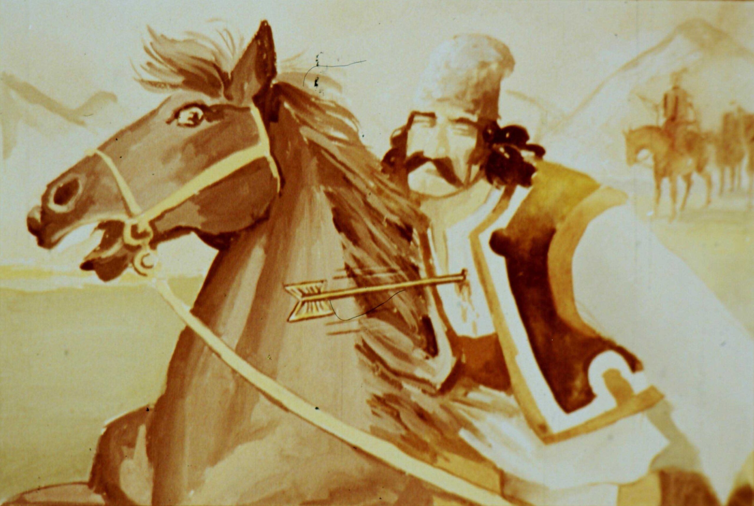 Ilustrație reprezentând un bărbat călăreț și un cal, cu text descriind o scenă dramatică.