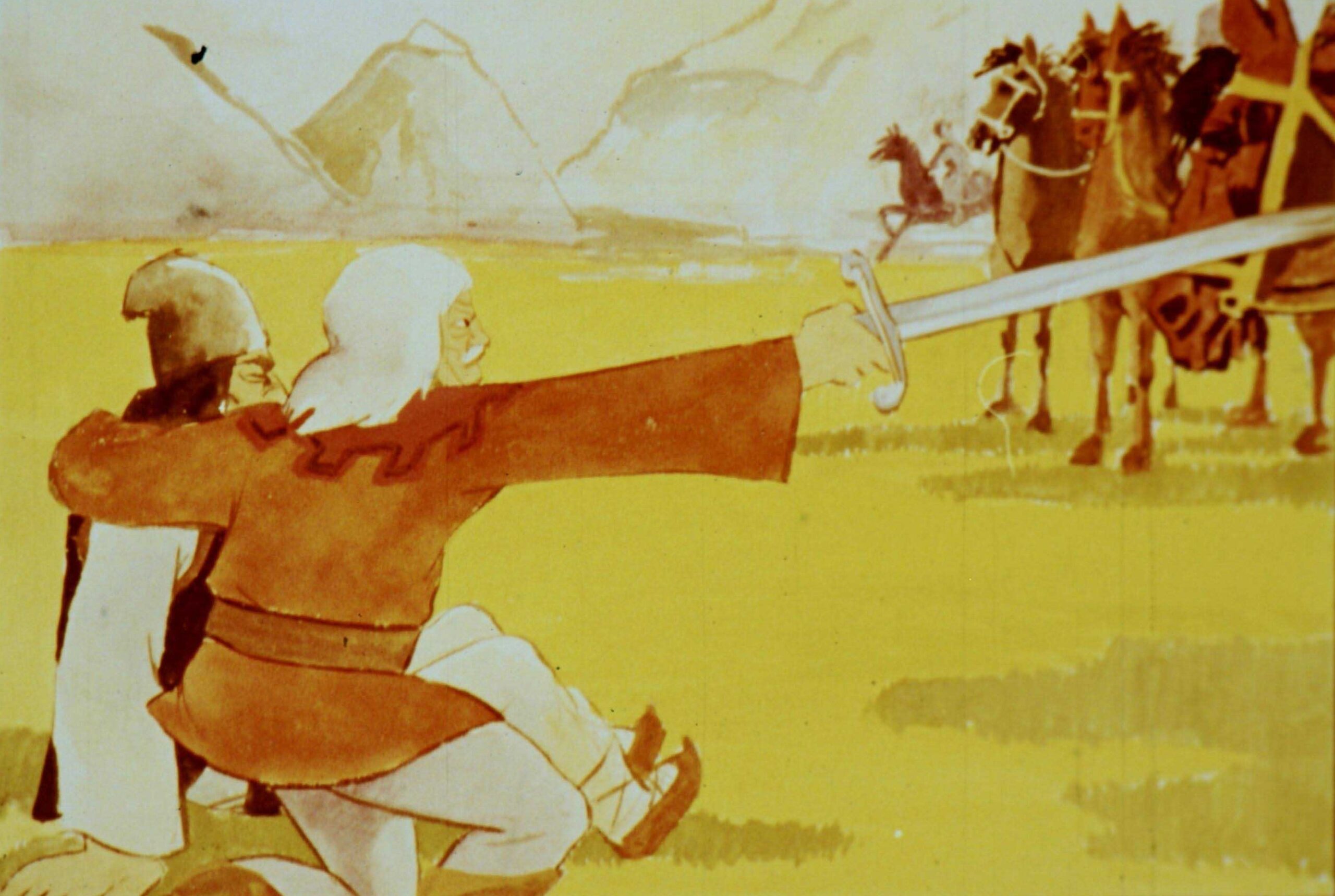 Imagine ilustrativă cu un bărbat în costum istoric, ținând o sabie și strigând, în fundal având soldați pe cai și un peisaj montan.