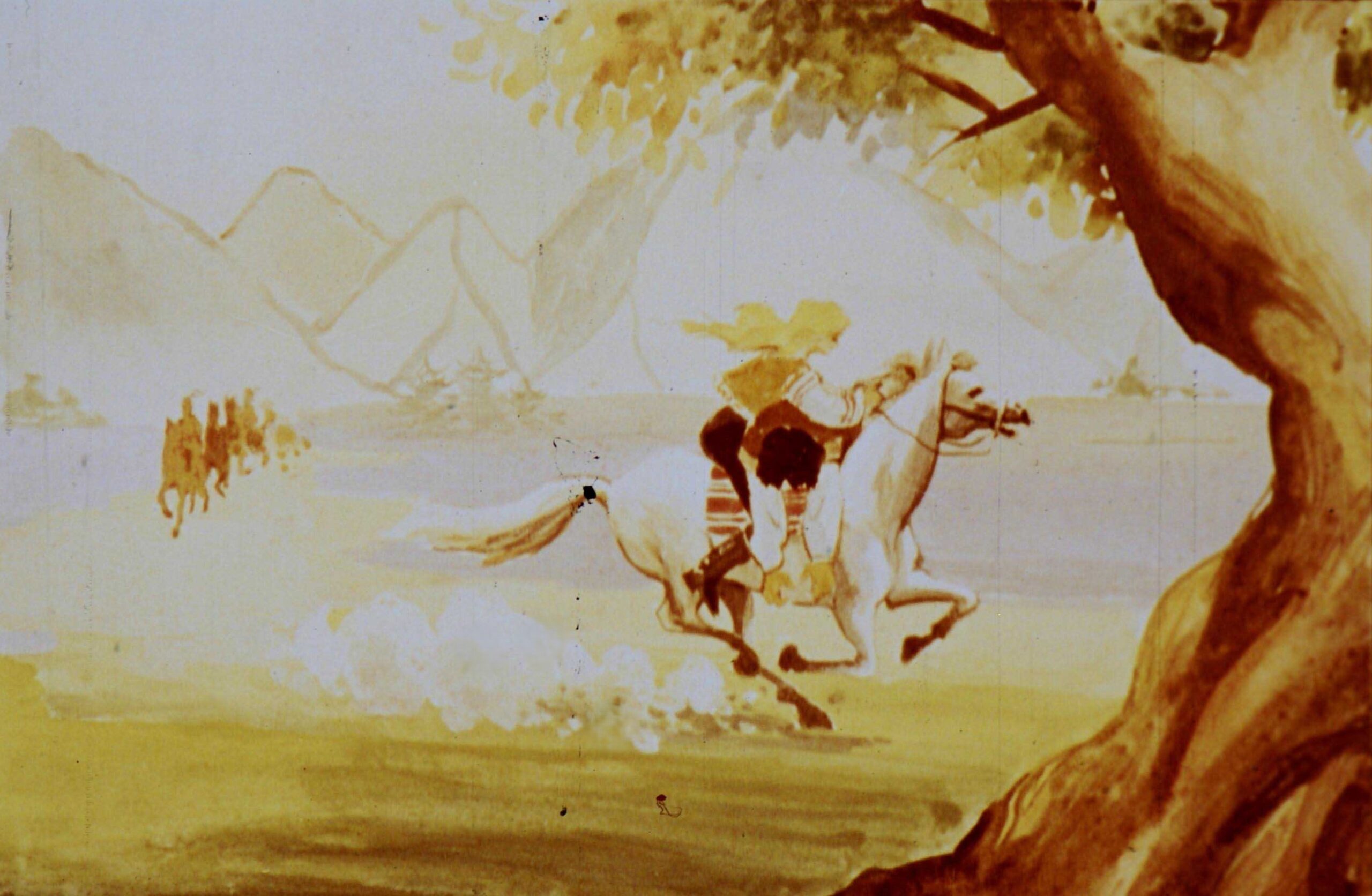 Ilustrație cu un cal alb și un călăreț care aleargă printr-un peisaj natural, cu munți în fundal și vegetație.