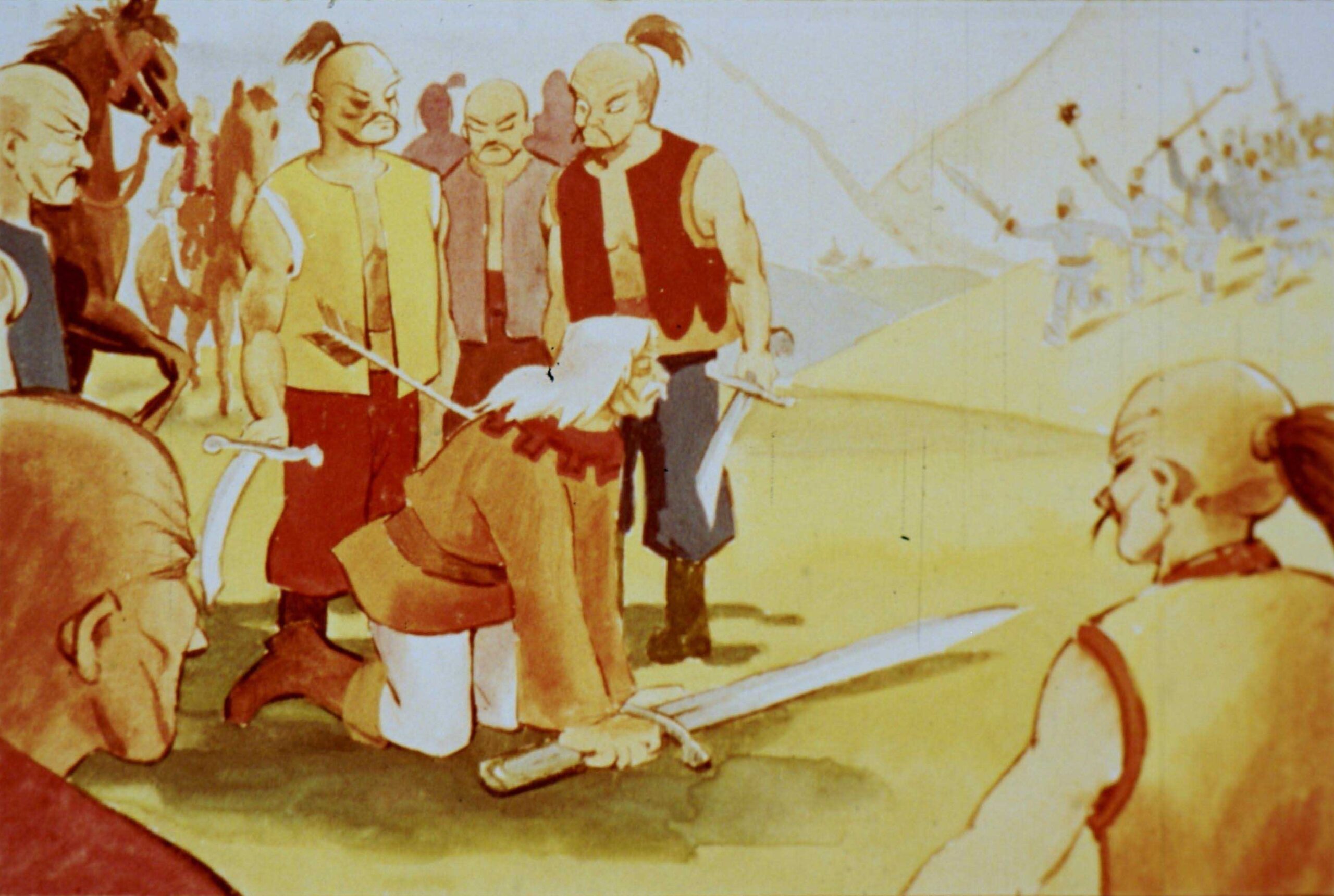 Ilustrație cu țărani vecinici care discută, un bărbat cu un săbii în centrul imaginii și arcași în fundal.