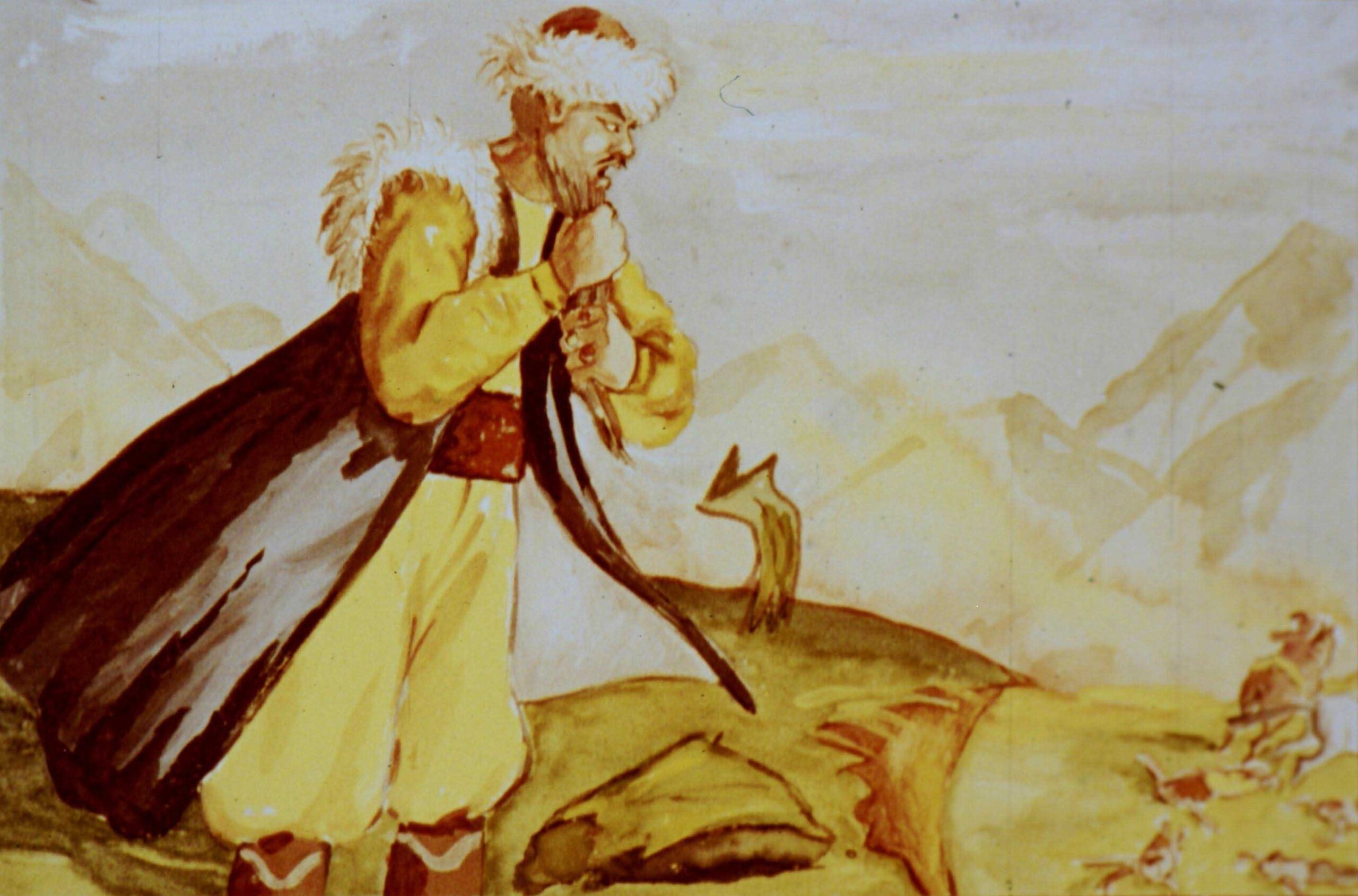 Ilustrație cu un bărbat îmbrăcat în haine tradiționale, având o expresie de tristețe, pe fondul unui peisaj montan, descriind o scenă de luptă.