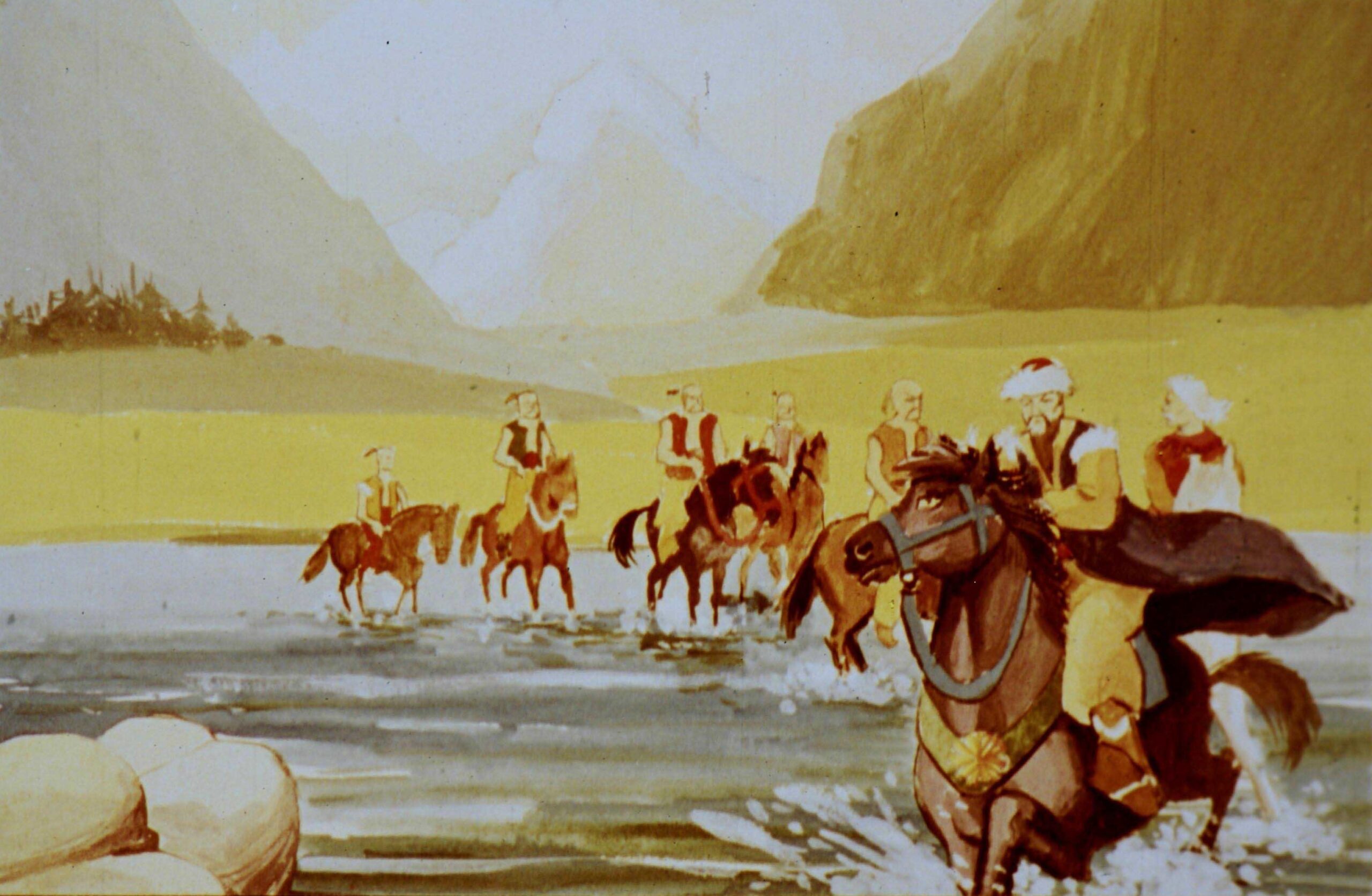 Imagine artistică cu cavaleri traversând un râu, cu un text în partea de jos despre Ghirai și victoriile sale.