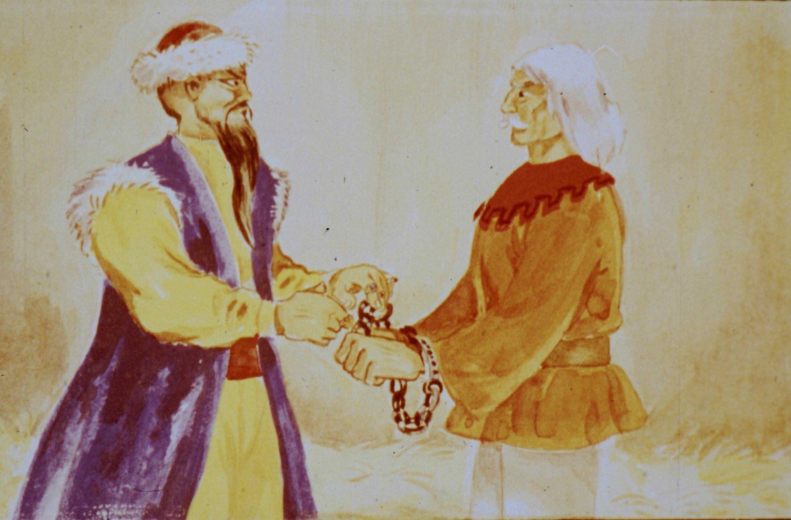 Ilustrație care arată doi bărbați interactând, unul ținând în mână un lanț iar celălalt având un aspect îngrijorat, cu text asociat deasupra.