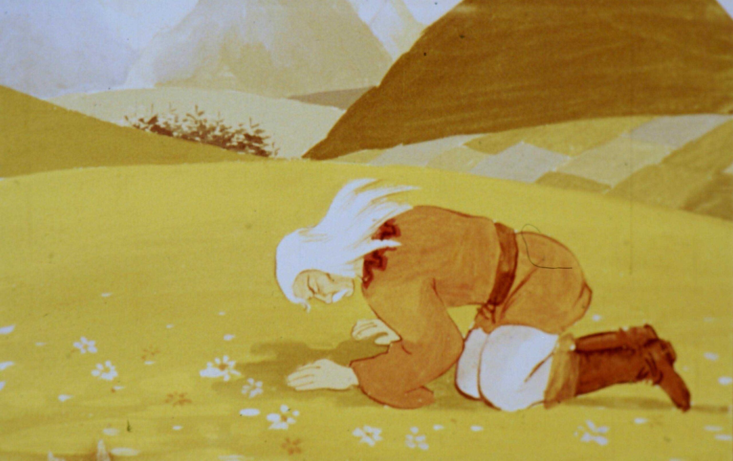 Un peisaj cu un personaj ghemuit pe pământ, înconjurat de flori și cu un fundal de munți, ilustrând emoții profunde și legătura cu natura.