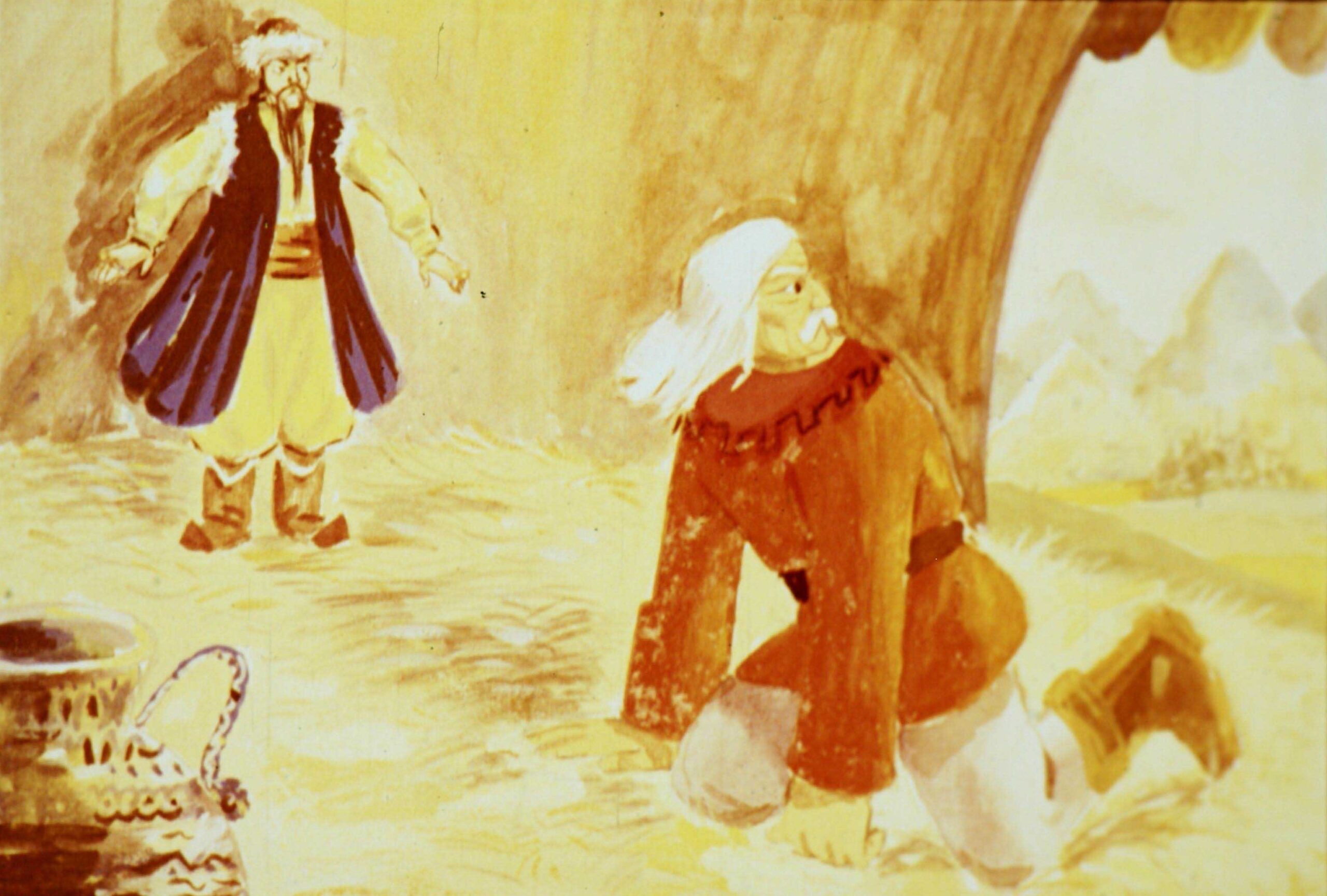 Ilustrație care prezintă un moment dramatic, cu texte explicative despre o întoarcere în han și o stare de dificultate a unui personaj.